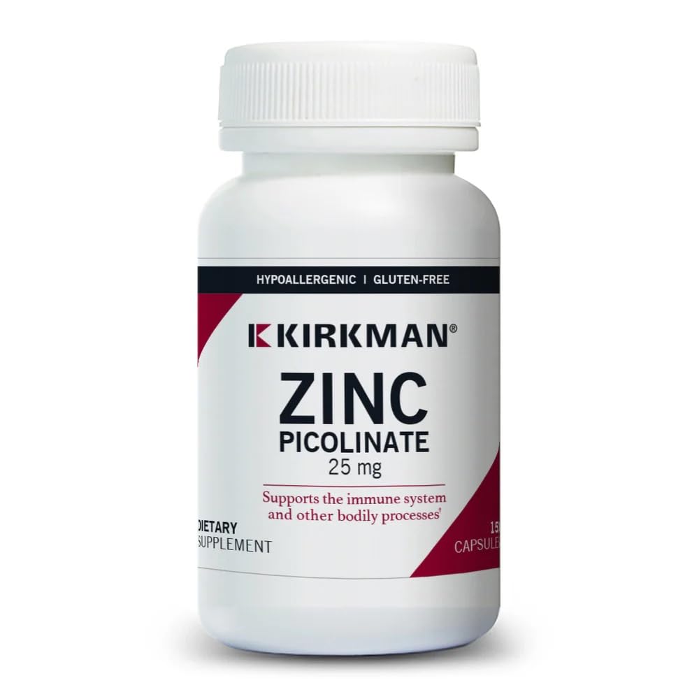 Kirkman Zinc Picolinate 25 mg bottle view shows hypoallergenic formula for sensitive users.