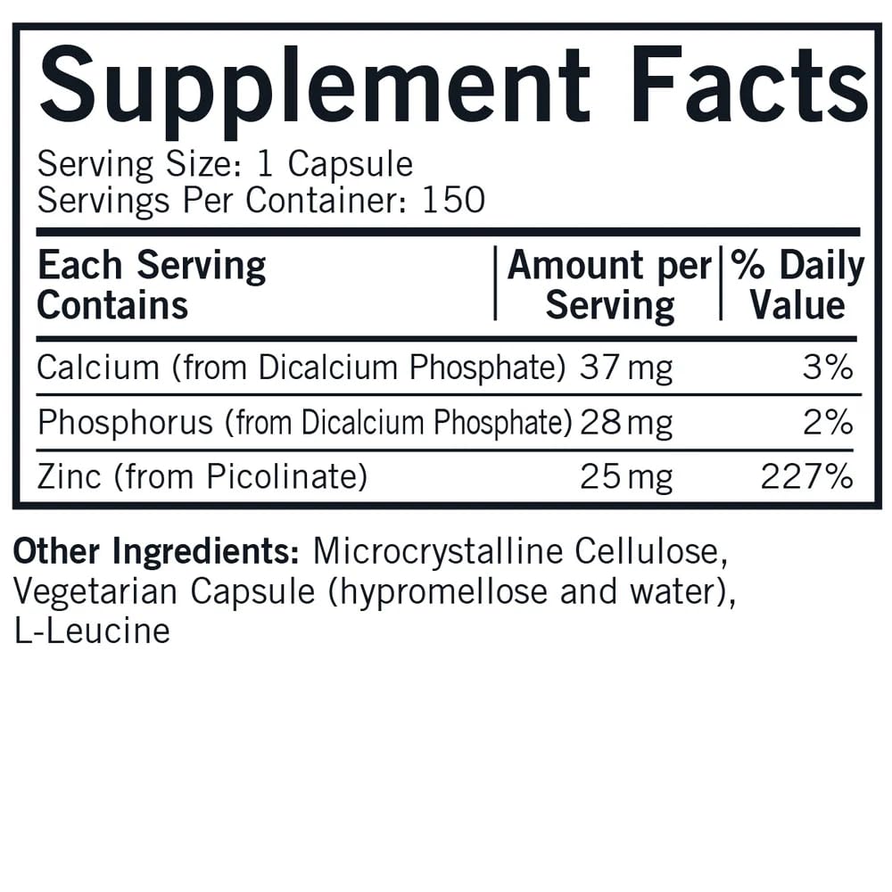 Kirkman Zinc Picolinate capsules closeup highlighting easy-to-swallow vegetarian capsules.