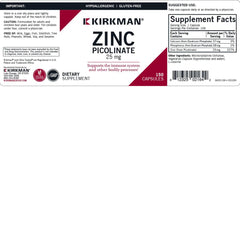 Kirkman Zinc Picolinate 25 mg label view emphasizes pure quality and allergen-free ingredients.
