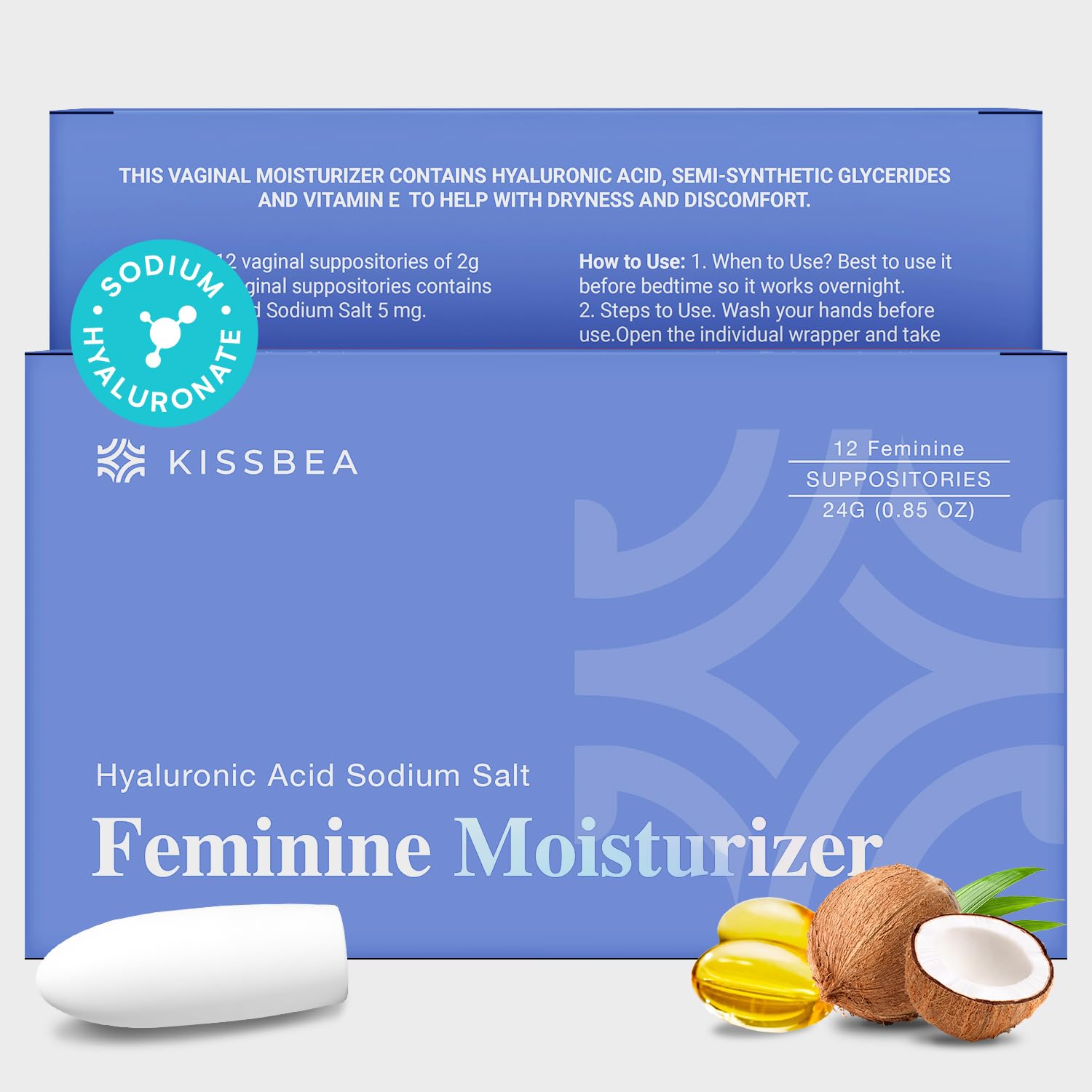 Kissbea Hyaluronic Acid Suppositories packaging shown for discreet daily use and menopausal relief.