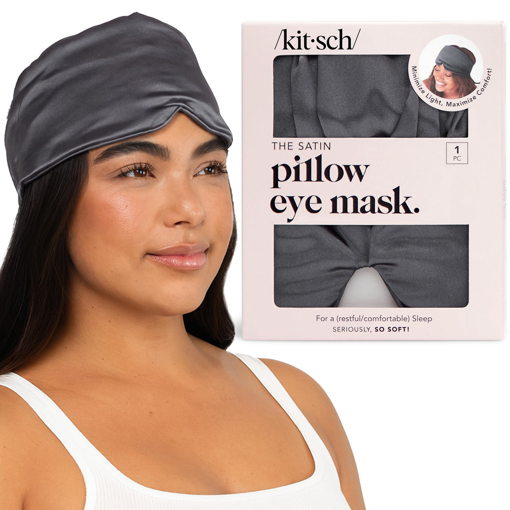 Kitsch charcoal satin sleep mask closeup shows soft texture and light shielding