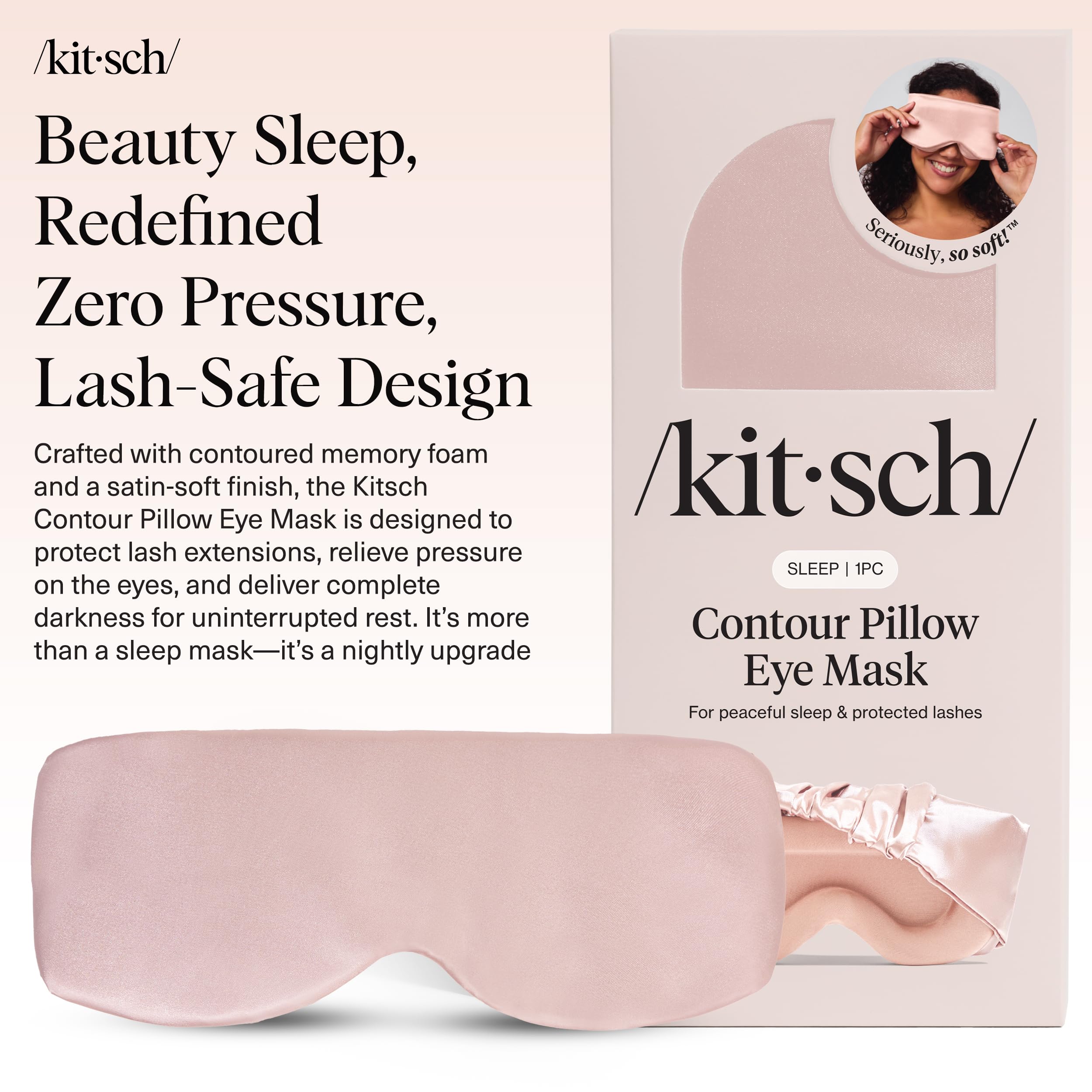 Kitsch Lash-Safe Eye Mask blocks light while preserving lash extensions for restful sleep.
