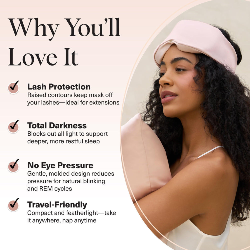 Kitsch Contour Pillow Eye Mask blocks light completely for deeper naps.