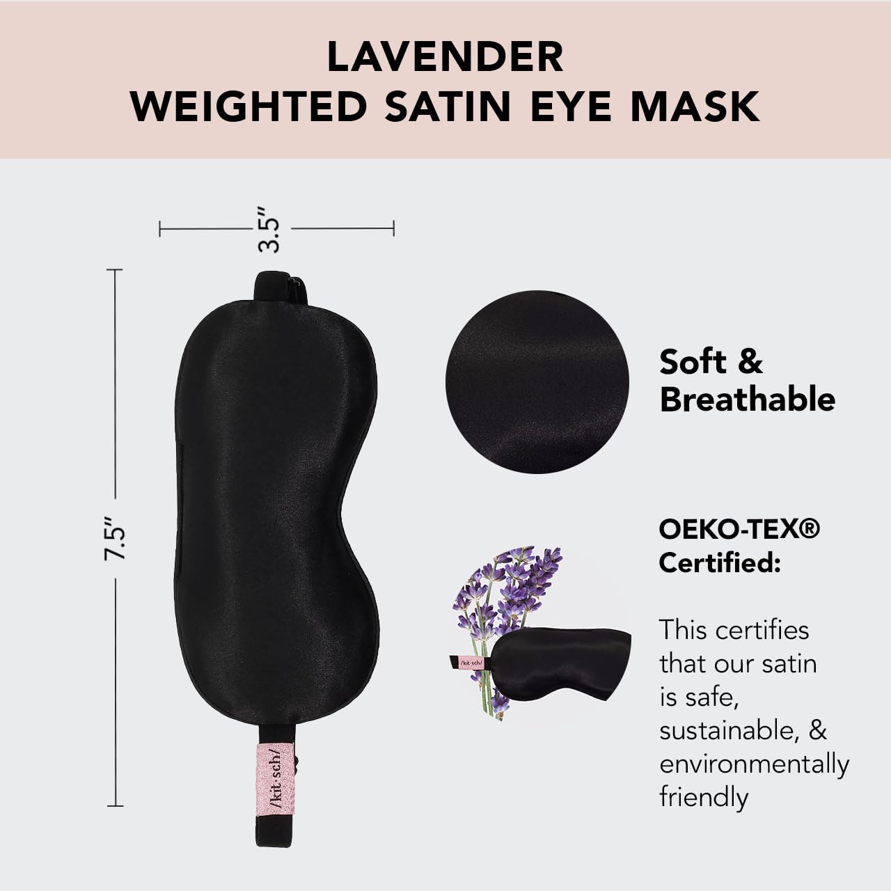 Kitsch weighted satin sleep mask with adjustable strap for secure all-night fit.