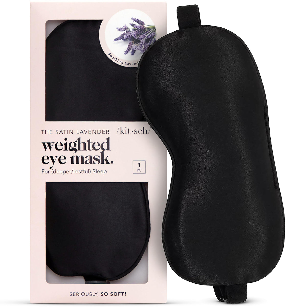 Kitsch weighted satin sleep mask with lavender enhances calm and light blocking.