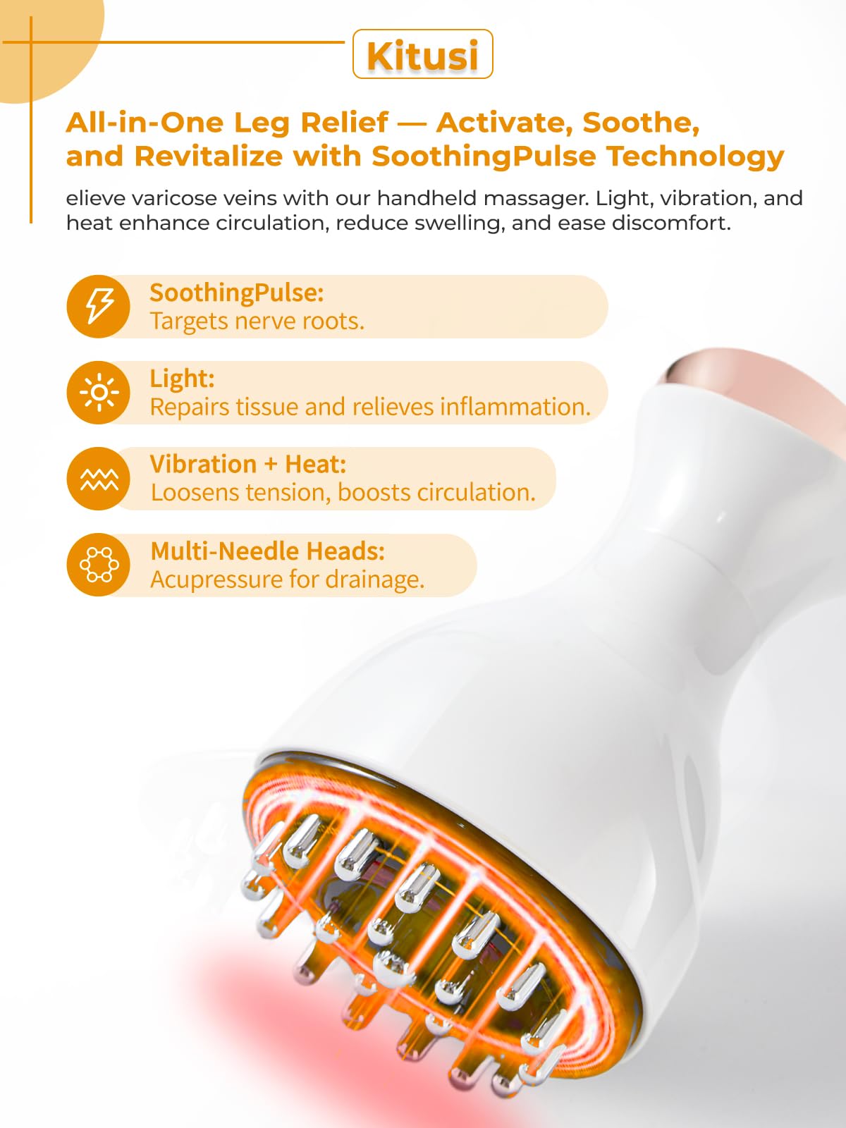 Kitusi leg massager showing heat and light therapy for soothing comfort