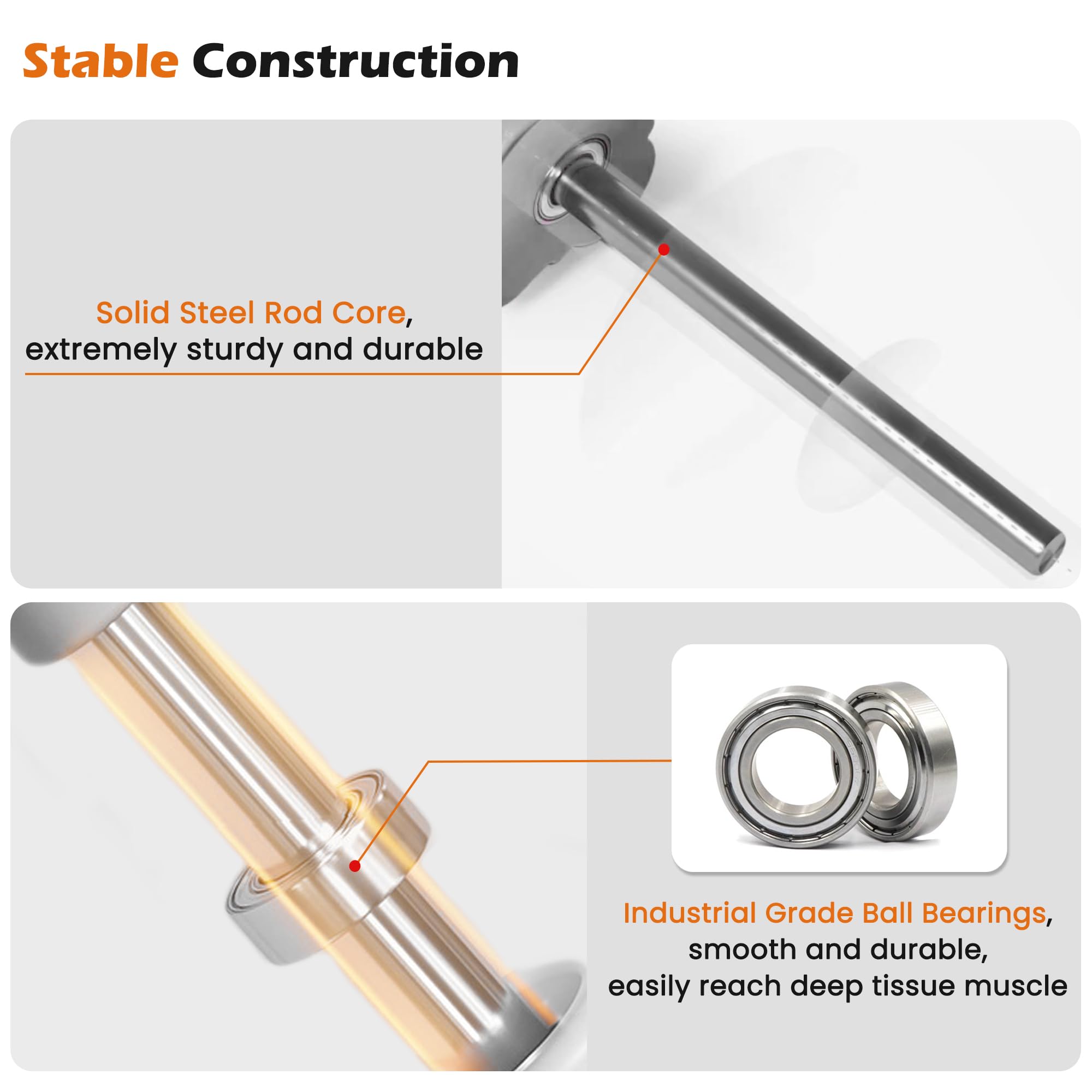 KITWILD Muscle Roller Stick bearings and core underline durability and smooth rolling.