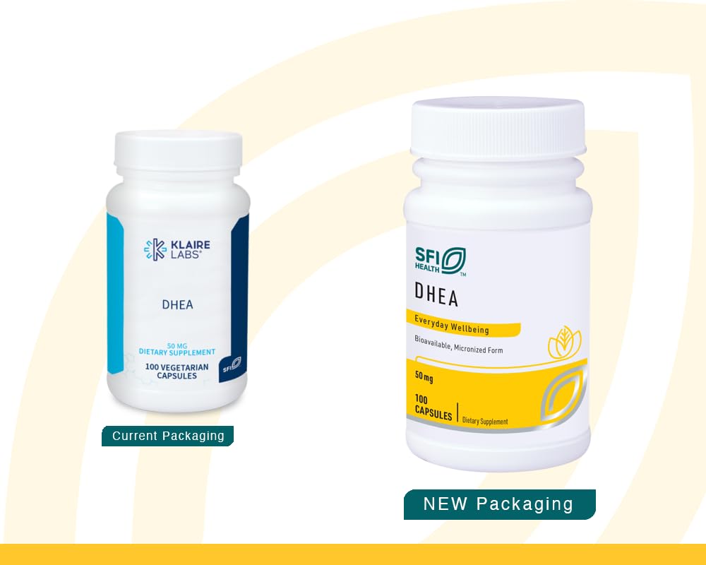 Klaire Labs DHEA 50mg bottle back view showing ingredients and allergen-free claim