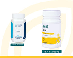 Klaire Labs DHEA 50mg bottle back view showing ingredients and allergen-free claim
