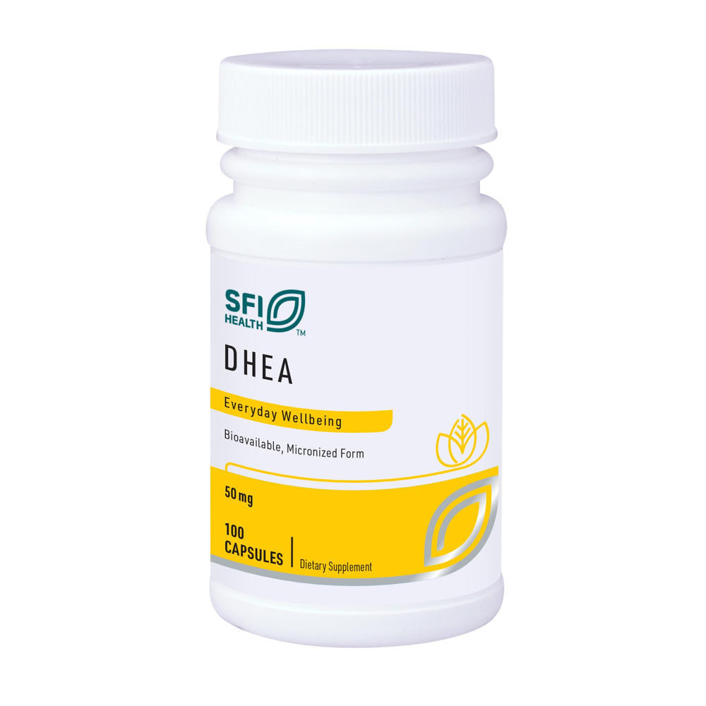 Klaire Labs DHEA 50mg bottle front view highlighting packaging for daily wellness