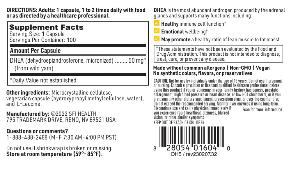 Klaire Labs DHEA 50mg dosage information panel visible