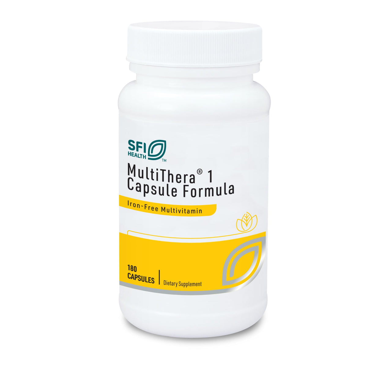 Klaire Labs MultiThera iron-free bottle front, ideal for iron-free diets.