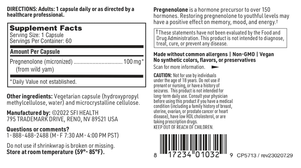 Klaire Labs Pregnenolone 100 mg per capsule shown for reliable dosing.