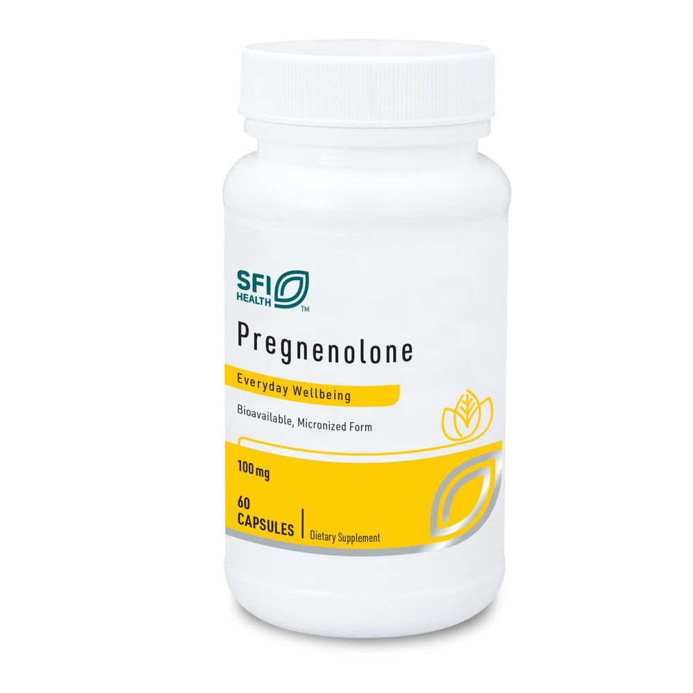 Klaire Labs Pregnenolone bottle with 60 vegetarian capsules for daily use.