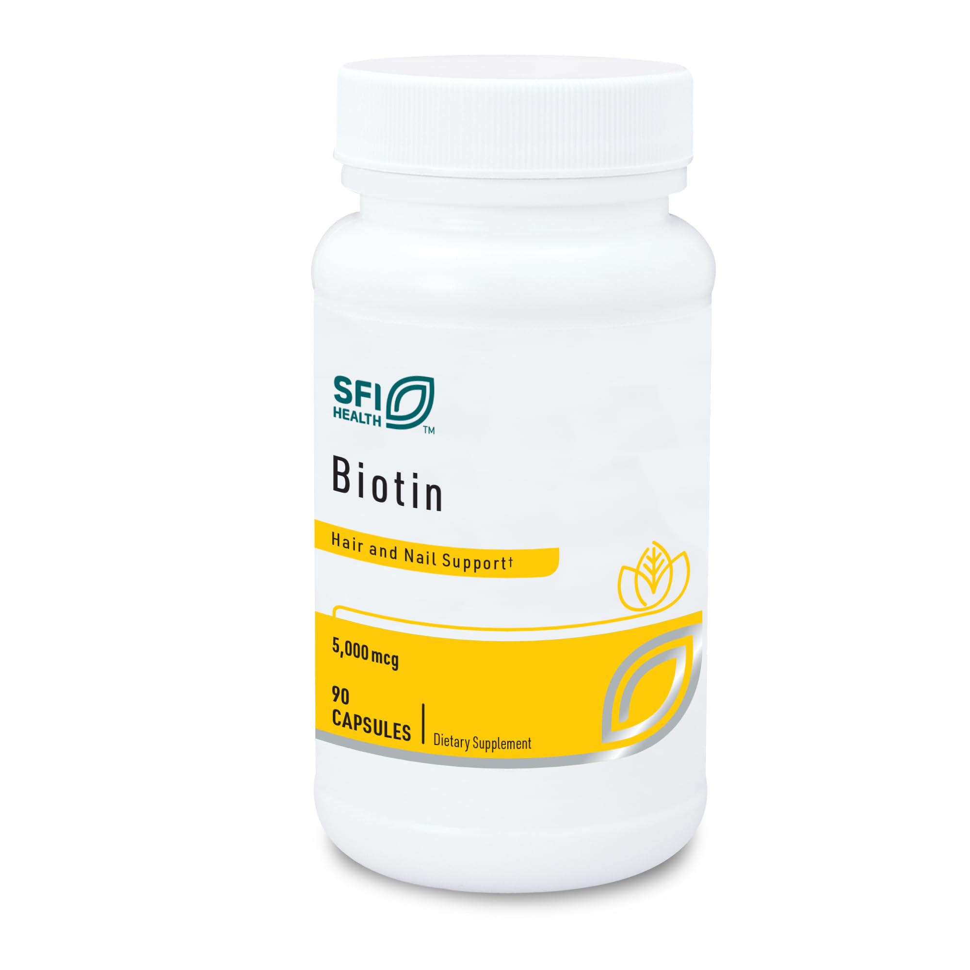 SFI Health Klaire biotin capsules in a bottle for skin and hair support.