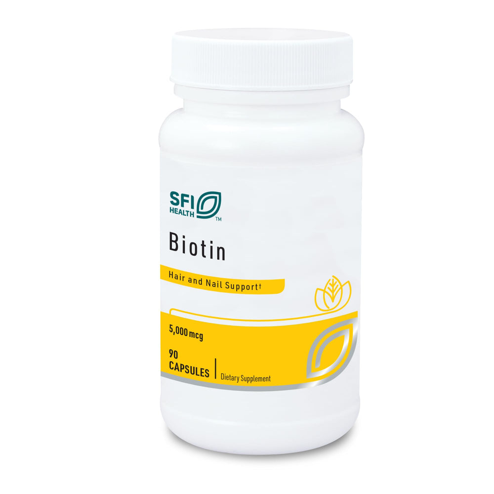 SFI Health Klaire biotin capsules in a bottle for skin and hair support.