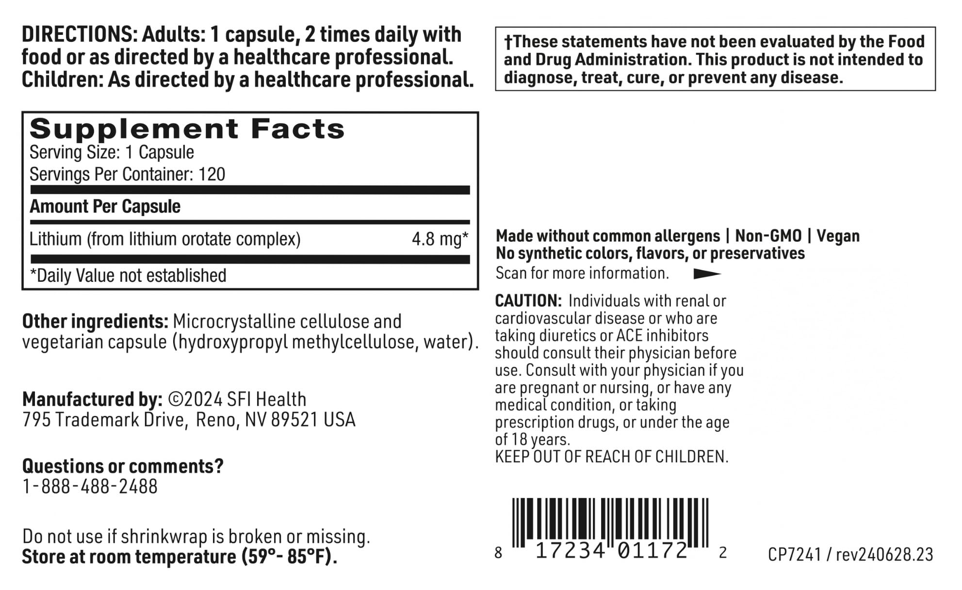 Klaire Labs SFI Health lithium orotate dosage panel highlights 4.8 mg elemental lithium