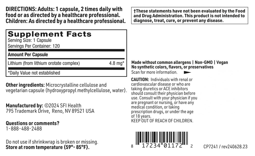 Klaire Labs SFI Health lithium orotate dosage panel highlights 4.8 mg elemental lithium