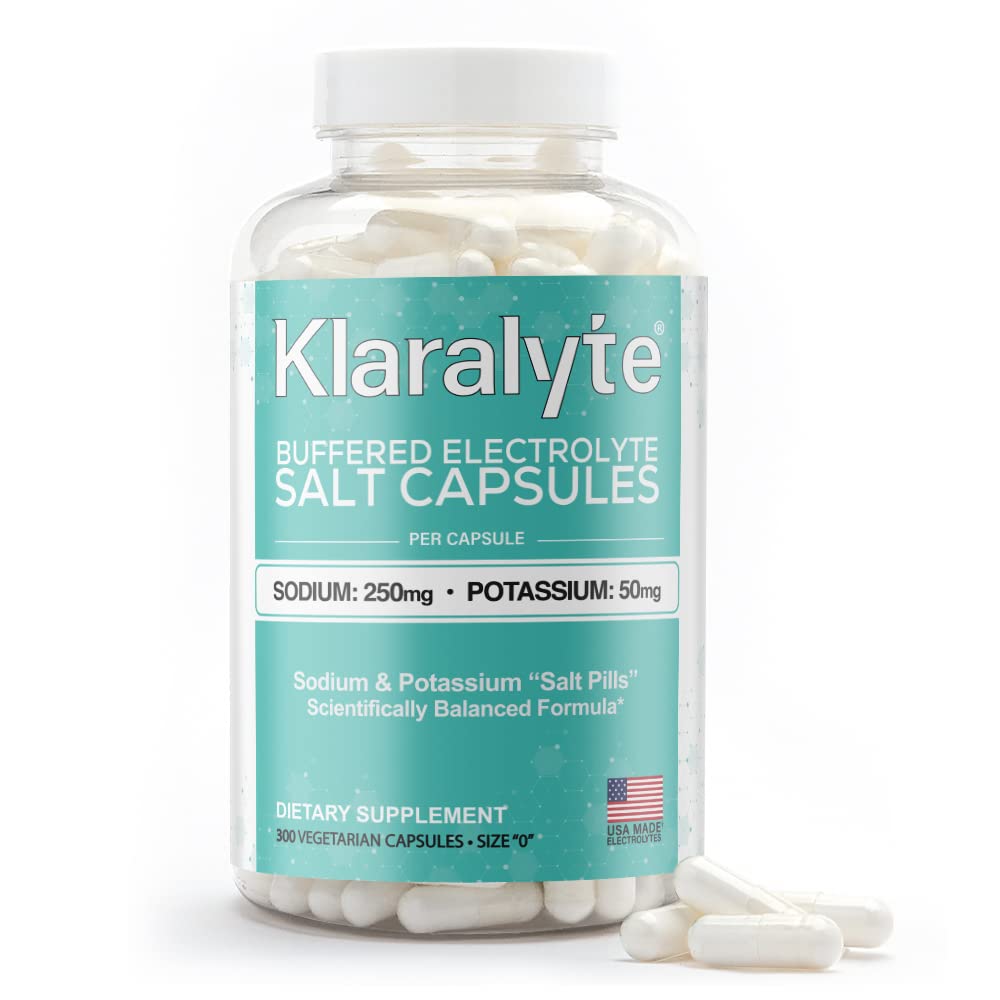 KLARALYTE bottle label highlights the 250 mg sodium and 50 mg potassium per capsule.
