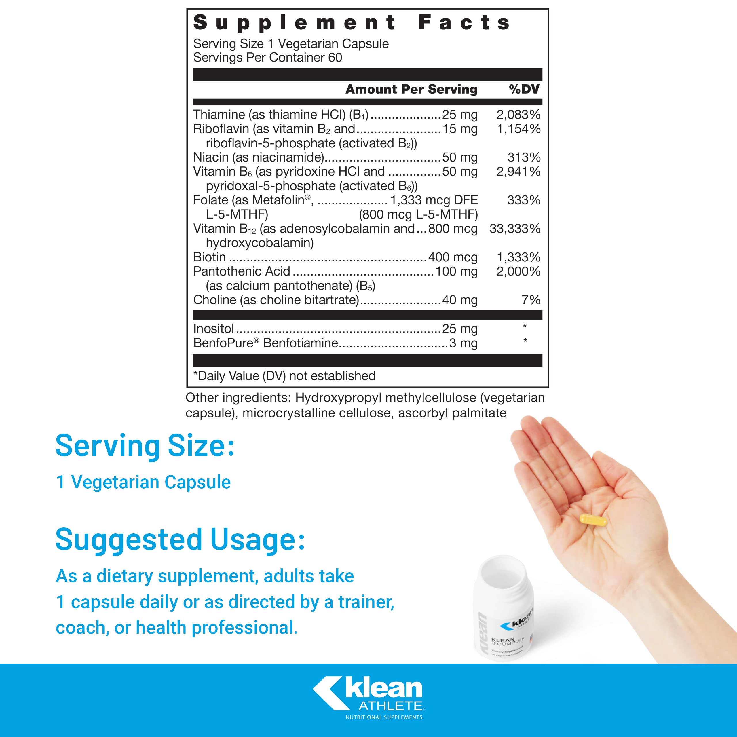 Klean B-Complex bottle back with supplement facts for informed dosing and safe use.
