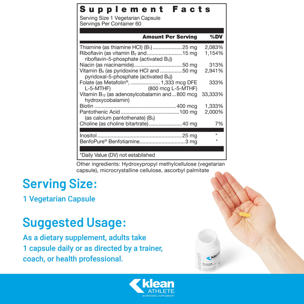 Klean B-Complex bottle back with supplement facts for informed dosing and safe use.