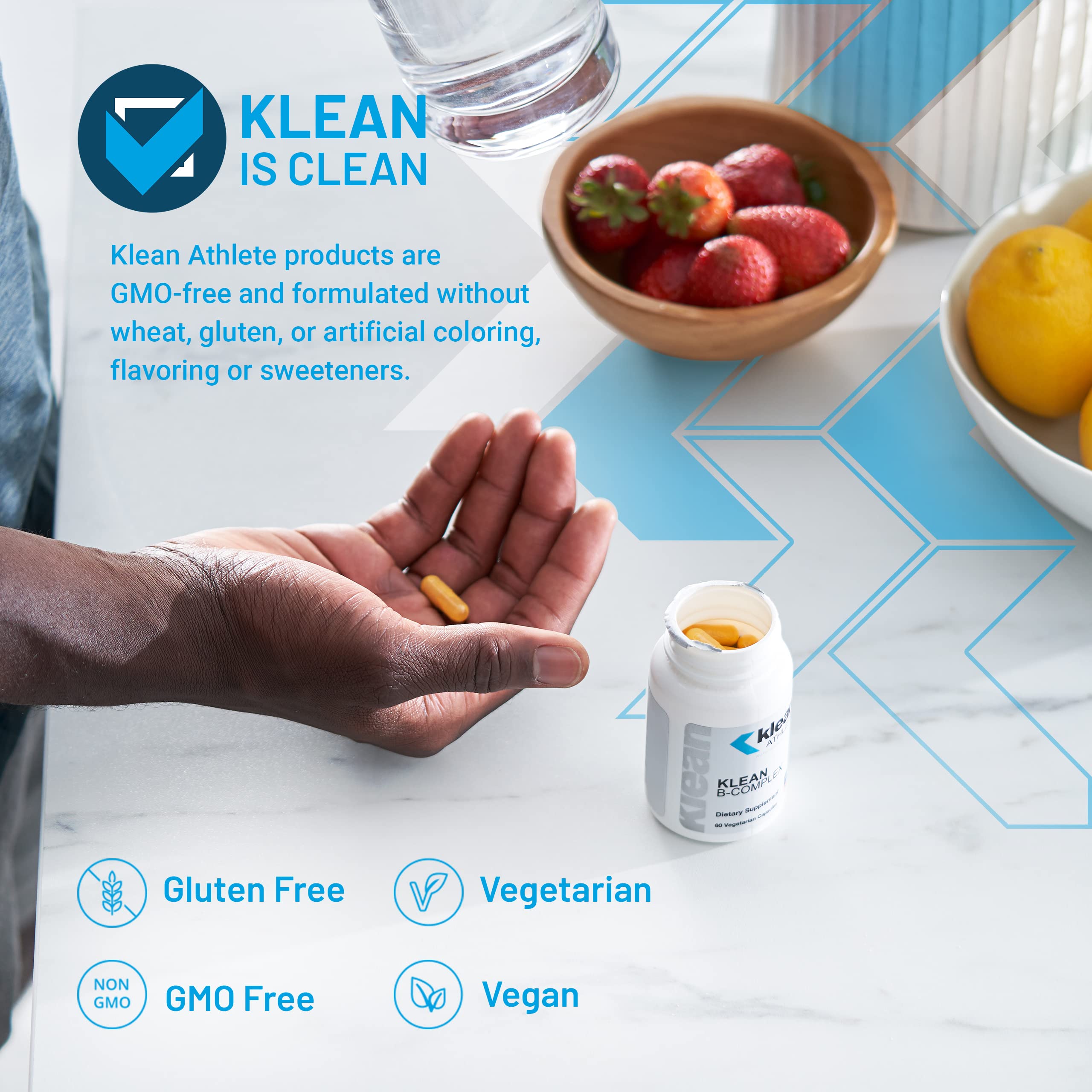 Klean Athlete Klean B-Complex capsules close-up highlighting vegetarian formula.