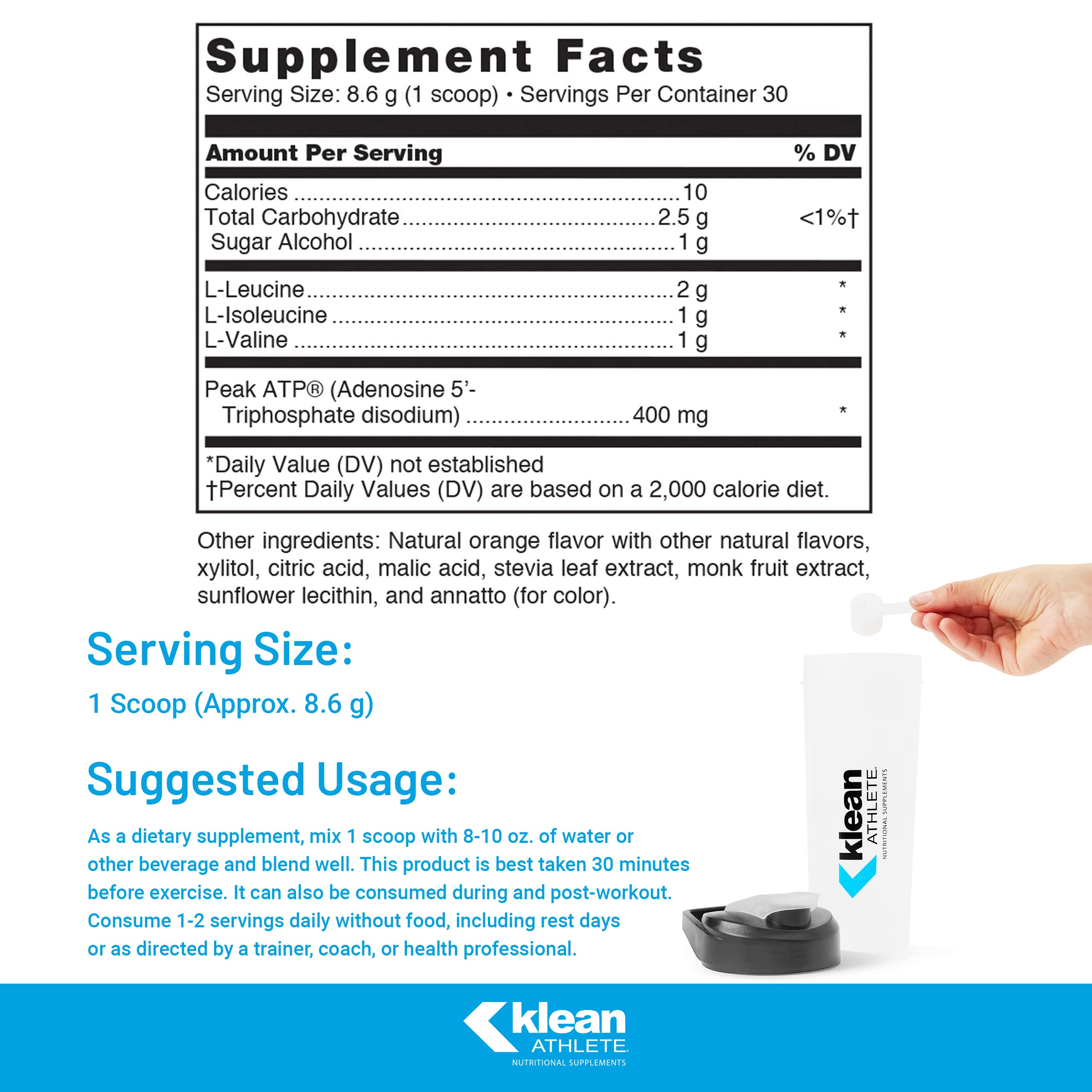 Klean Athlete Klean BCAA + Peak ATP scoop ready for fast intra-workout energy.