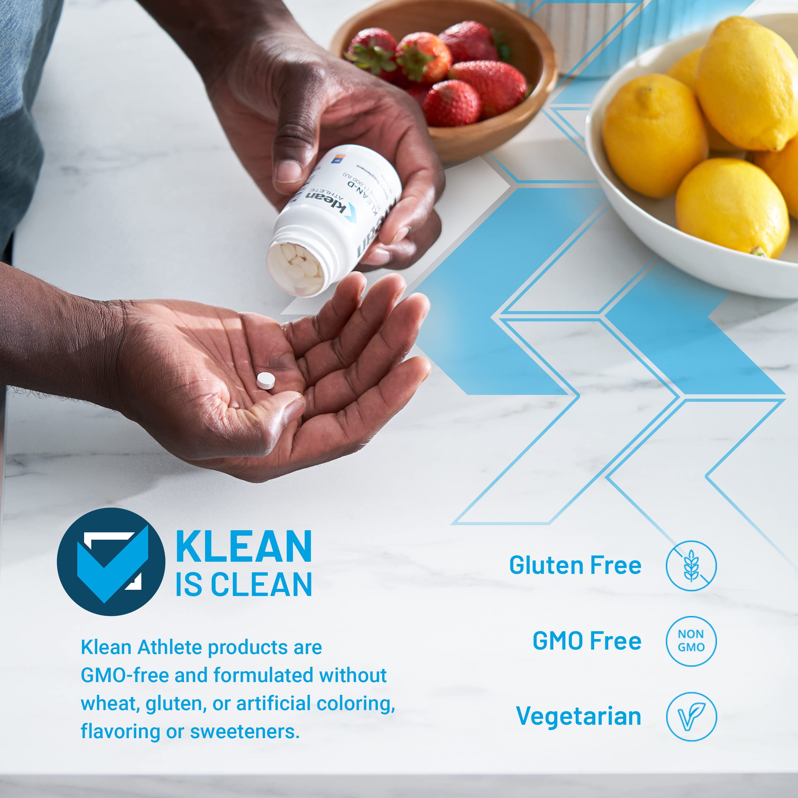 Klean Athlete Klean-D tablets closeup showing vitamin D3 content.