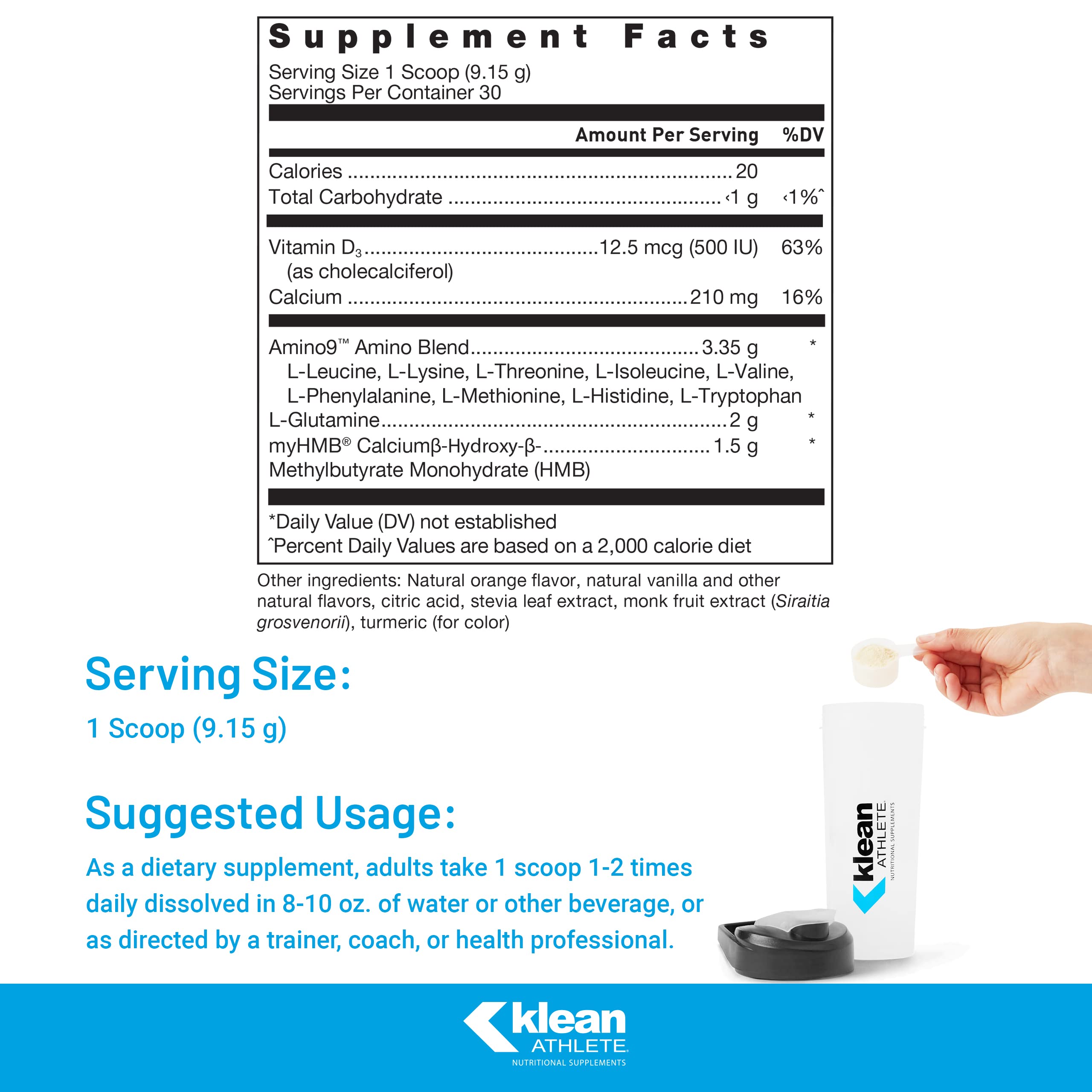 Klean Essential Aminos + HMB bottle open with powder for quick, clean mixing
