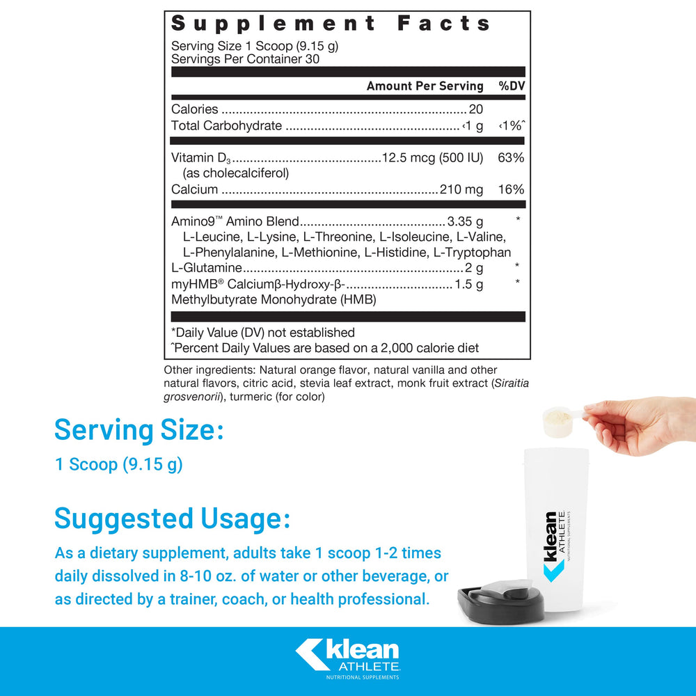 Klean Essential Aminos + HMB bottle open with powder for quick, clean mixing