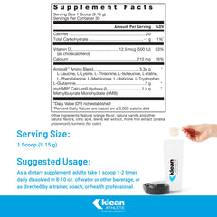 Klean Essential Aminos + HMB bottle open with powder for quick, clean mixing
