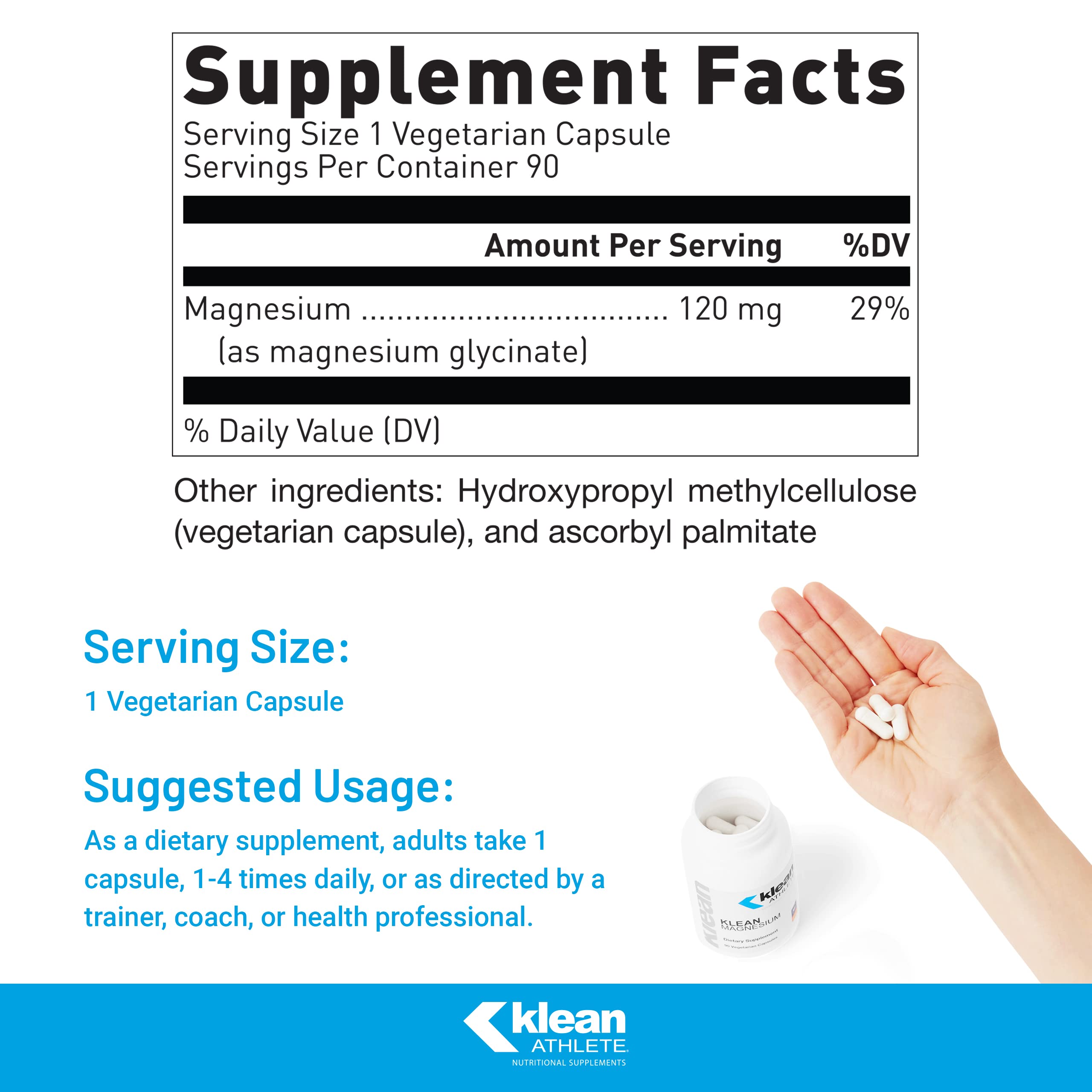 Klean Athlete Klean Magnesium capsules in closeup showing vegetarian formula.