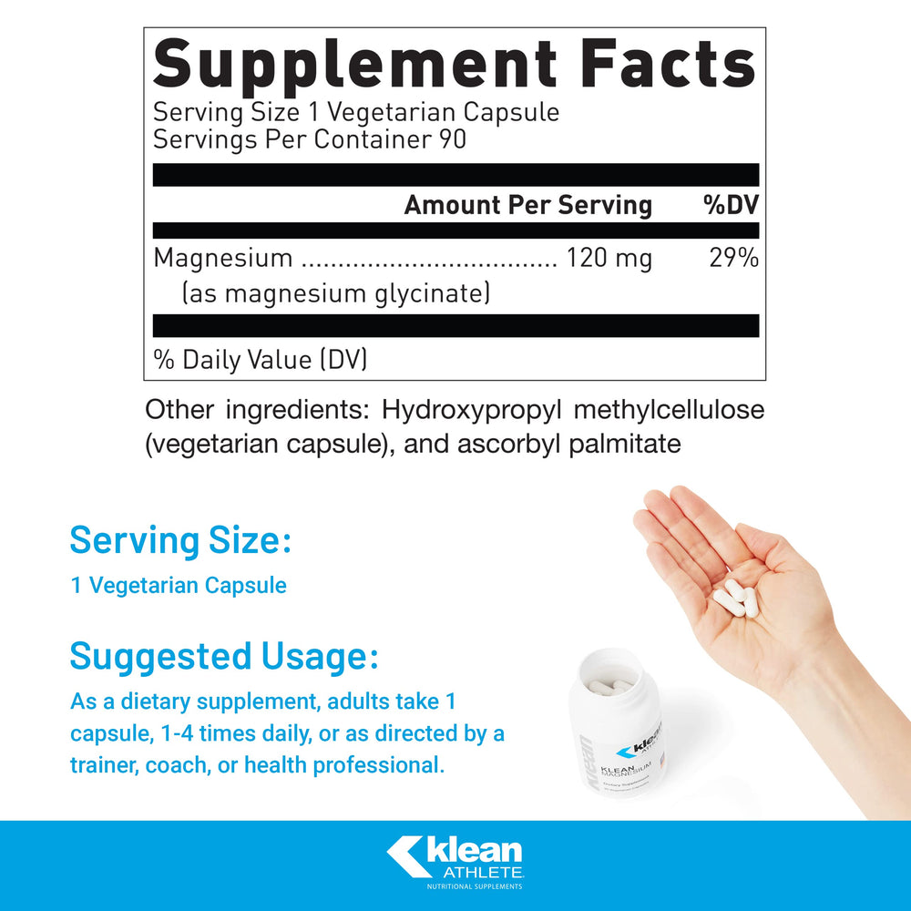 Klean Athlete Klean Magnesium capsules in closeup showing vegetarian formula.
