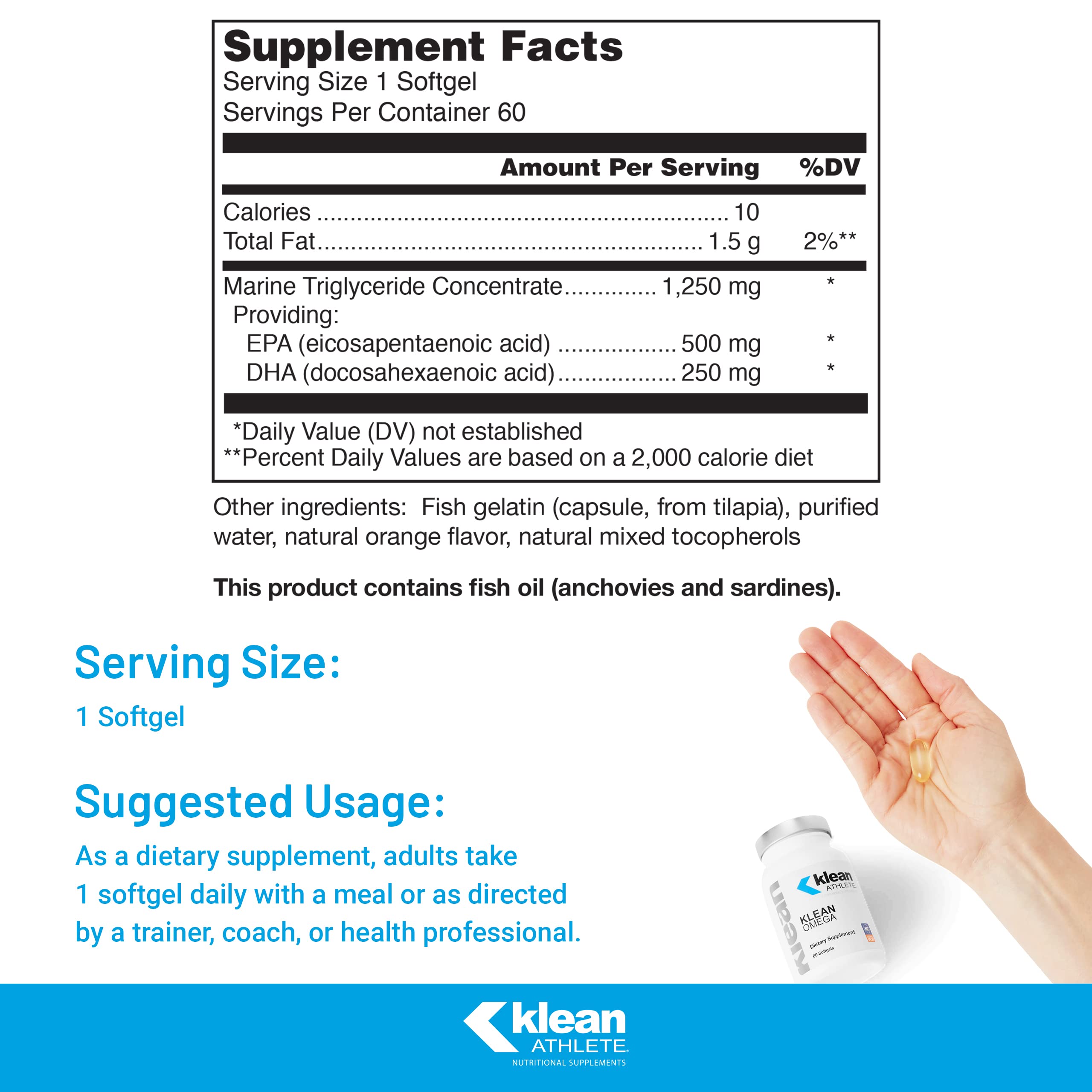 Close-up of Klean Omega softgels showing triglyceride form.