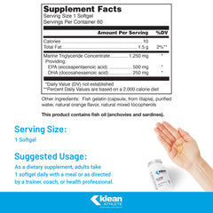 Close-up of Klean Omega softgels showing triglyceride form.