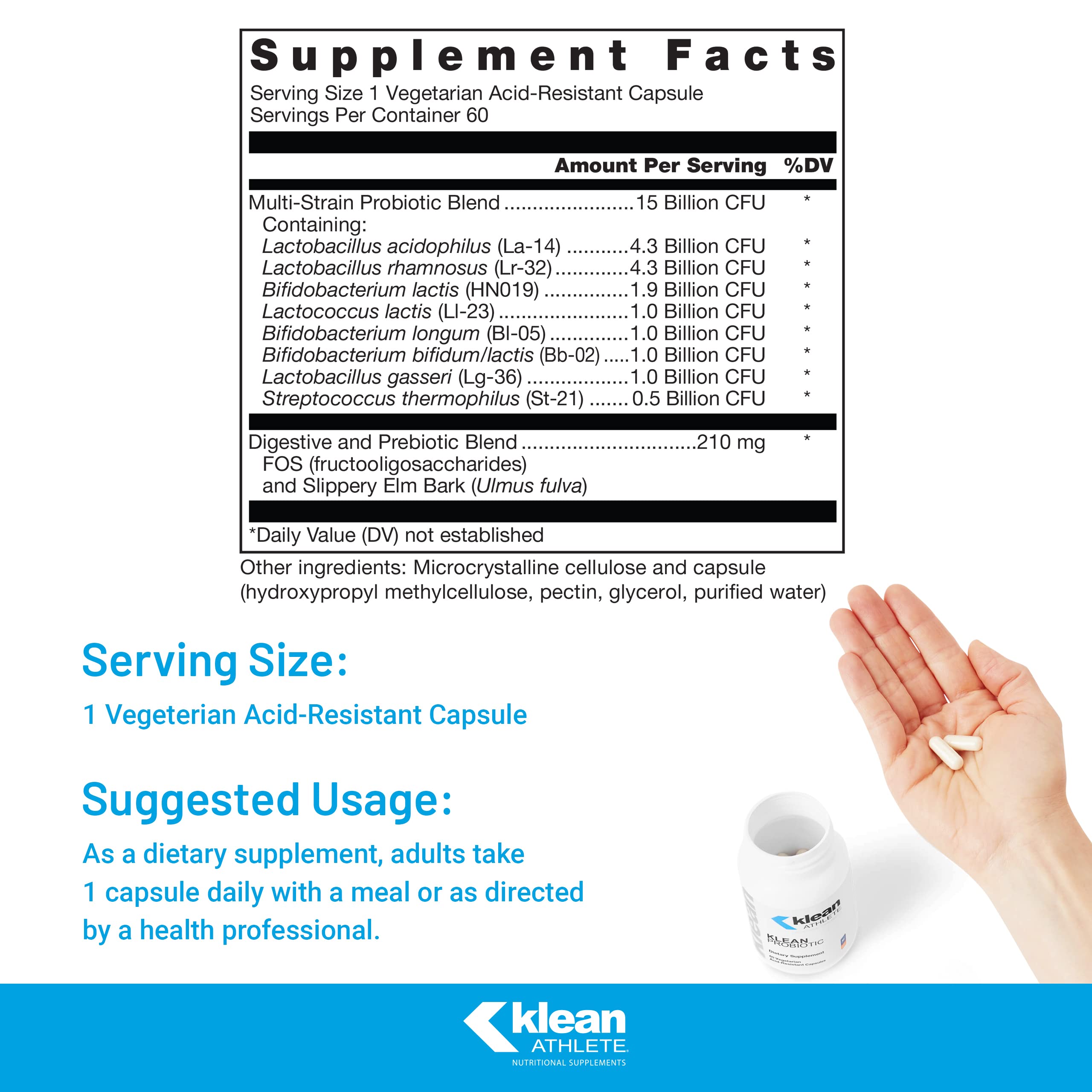 Klean Athlete Klean Probiotic bottle back shows dosage and eight strains for gut diversity