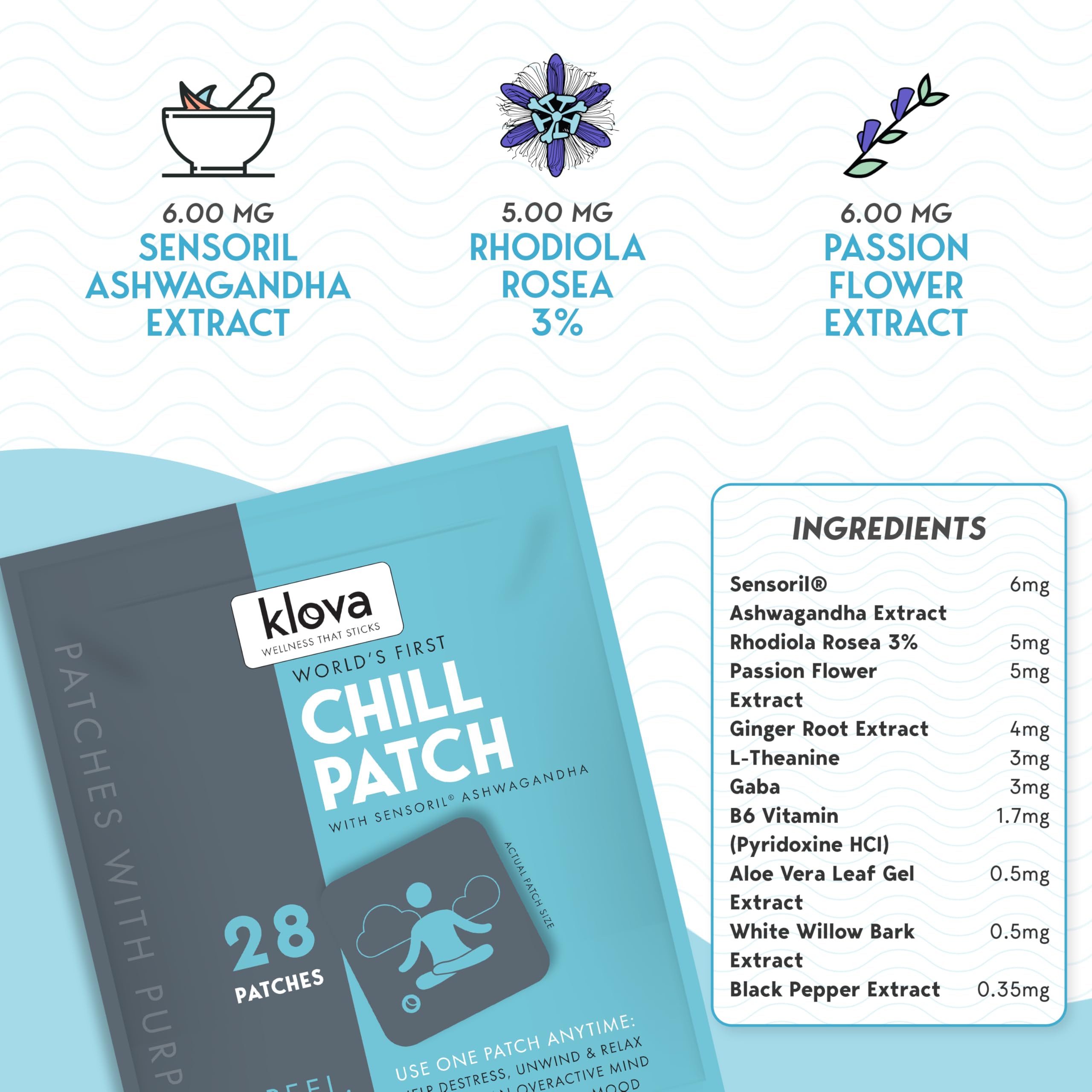 Closeup of Klova Chill patch adhesive on skin showing skin-friendly design