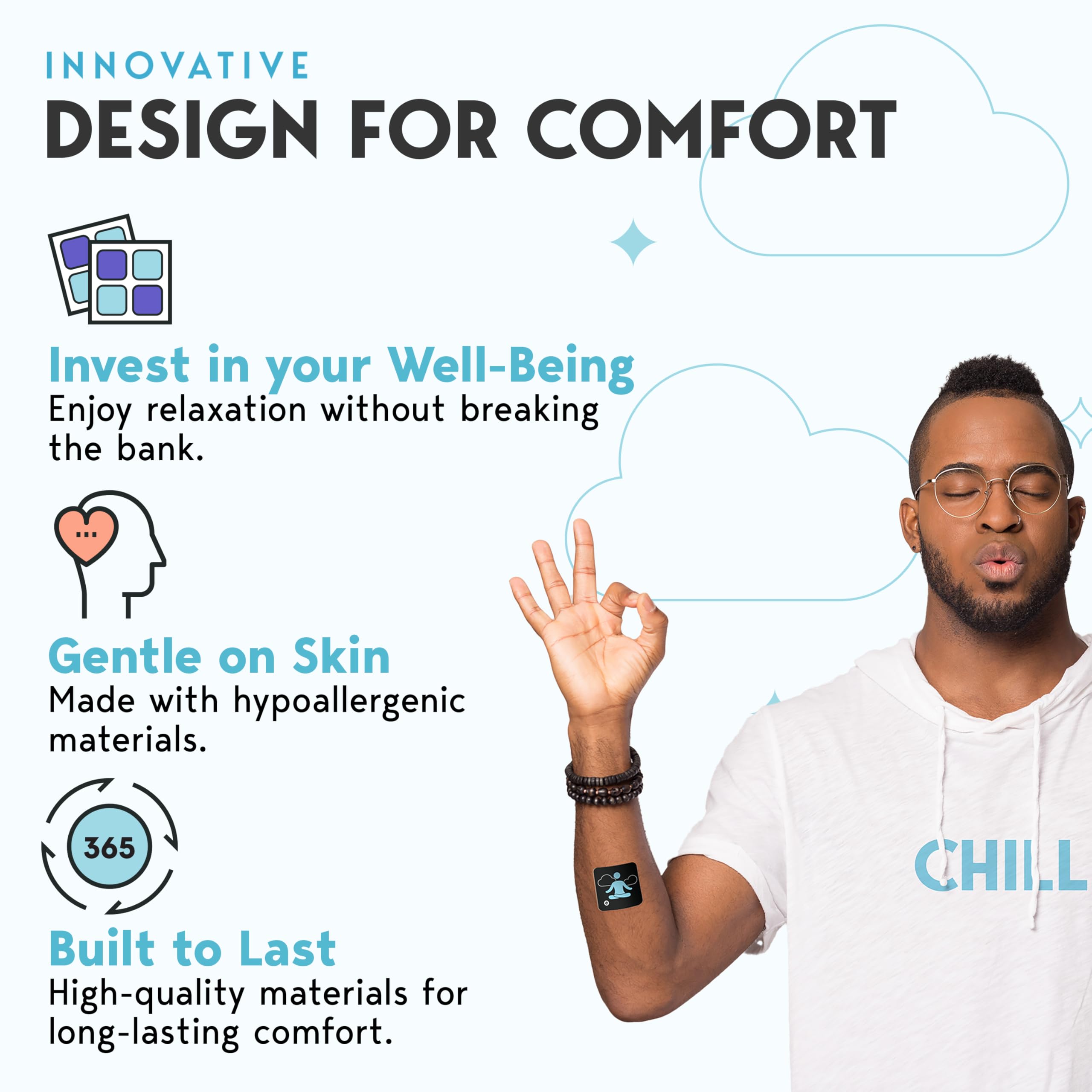 Klova Chill patch applied to shoulder for discreet, lasting calm potential