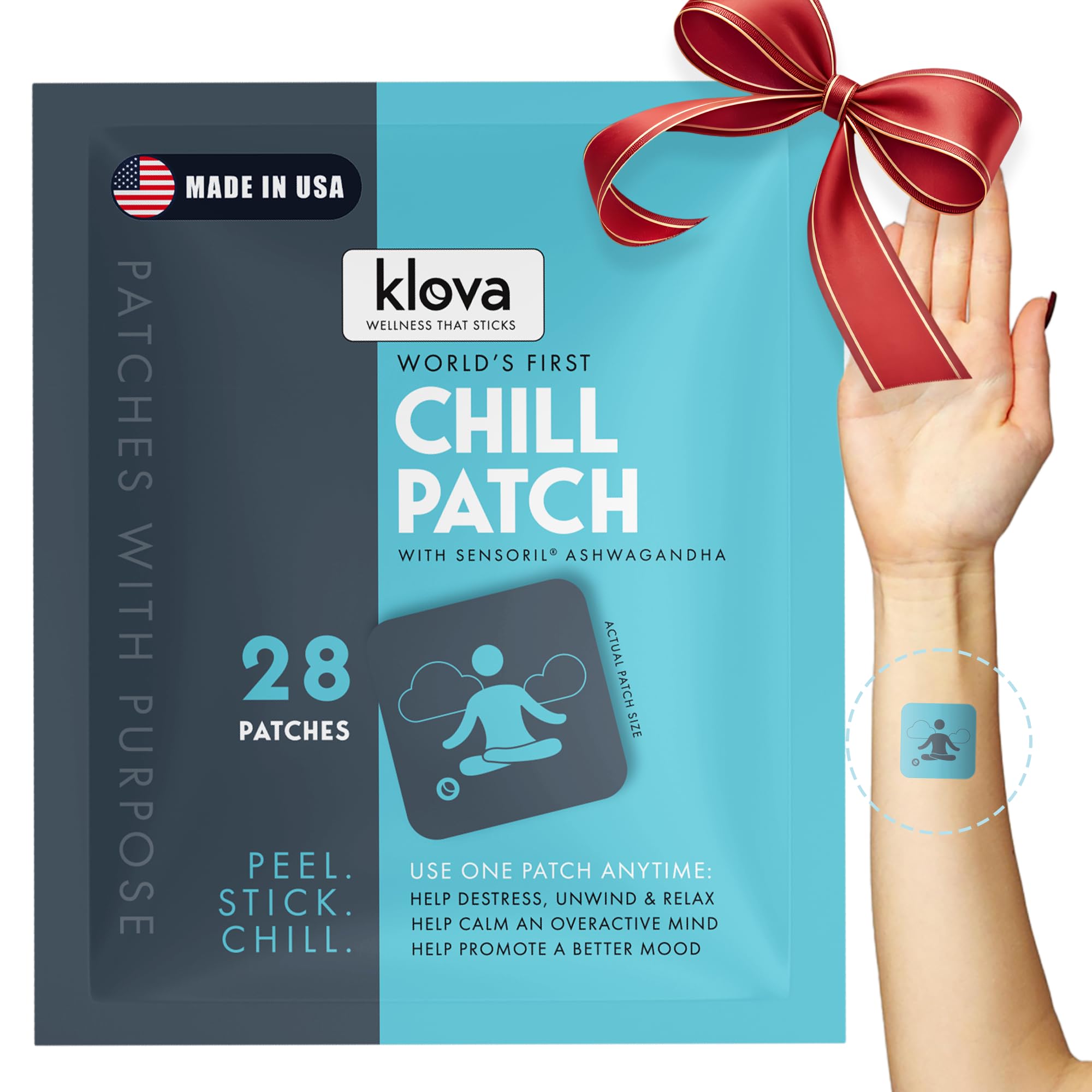 Klova Chill patches pack shown for easy daily stress support and portability
