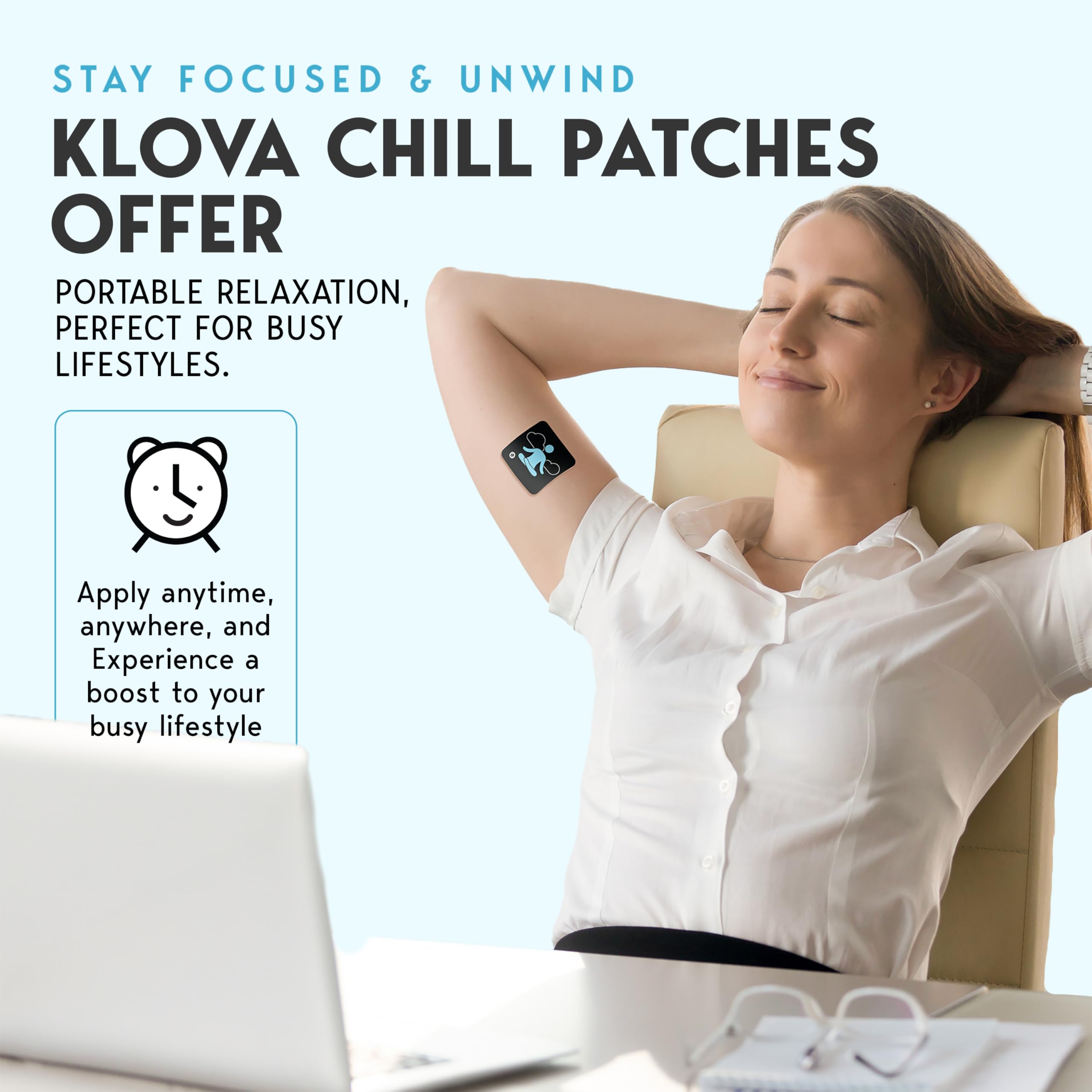 Person relaxing with Klova Chill patches in a calm setting