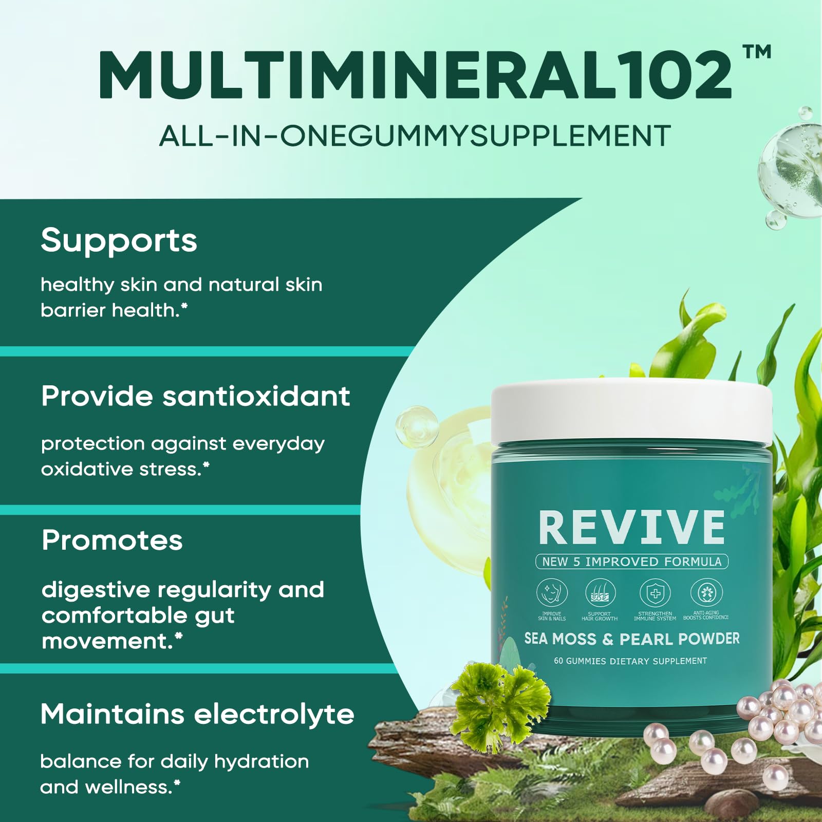 KLUNIZ Revive Hair Gummies with Irish sea moss imagery, suggesting natural wellness benefits.