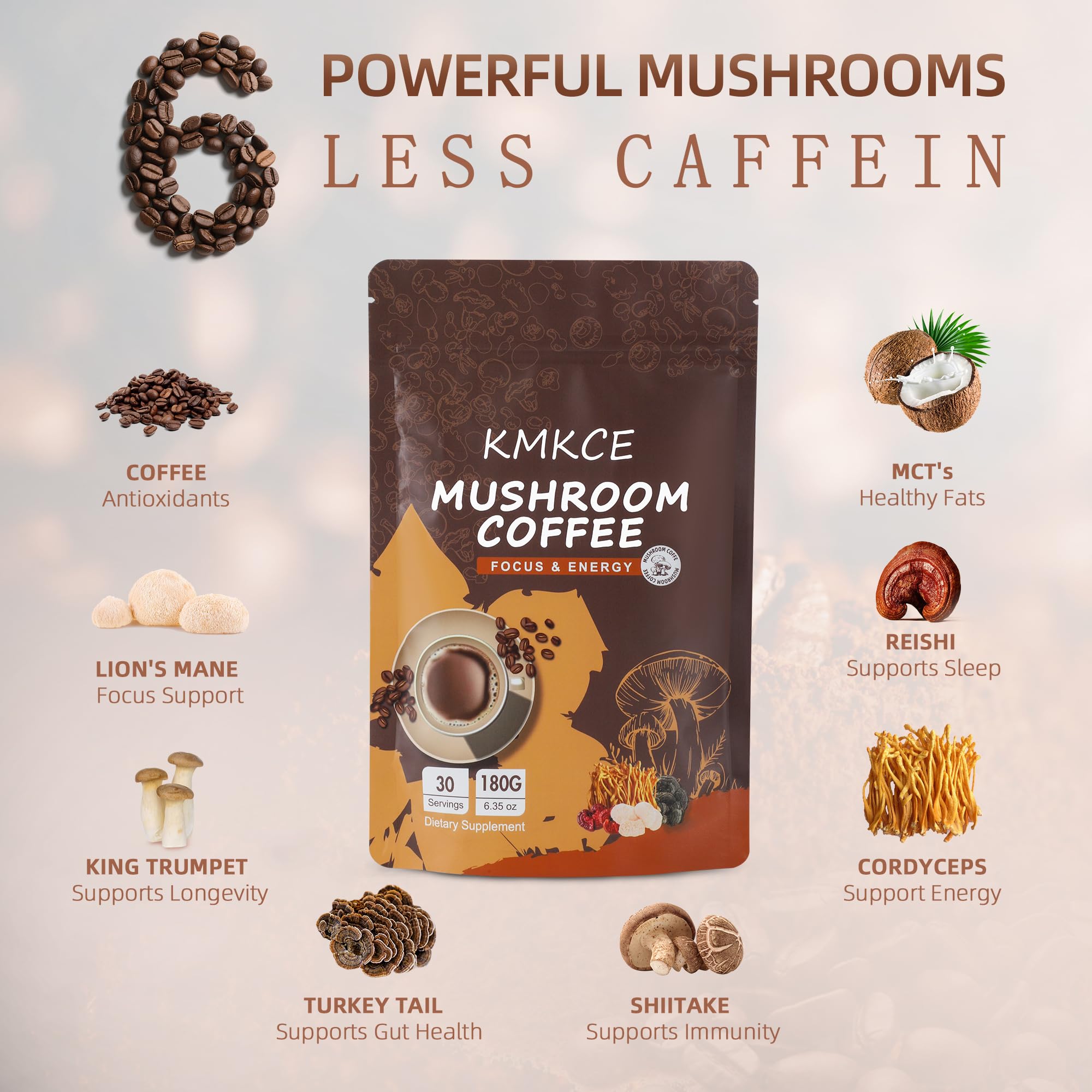 KMKCE Mushroom Coffee with Reishi dust promotes balanced energy.