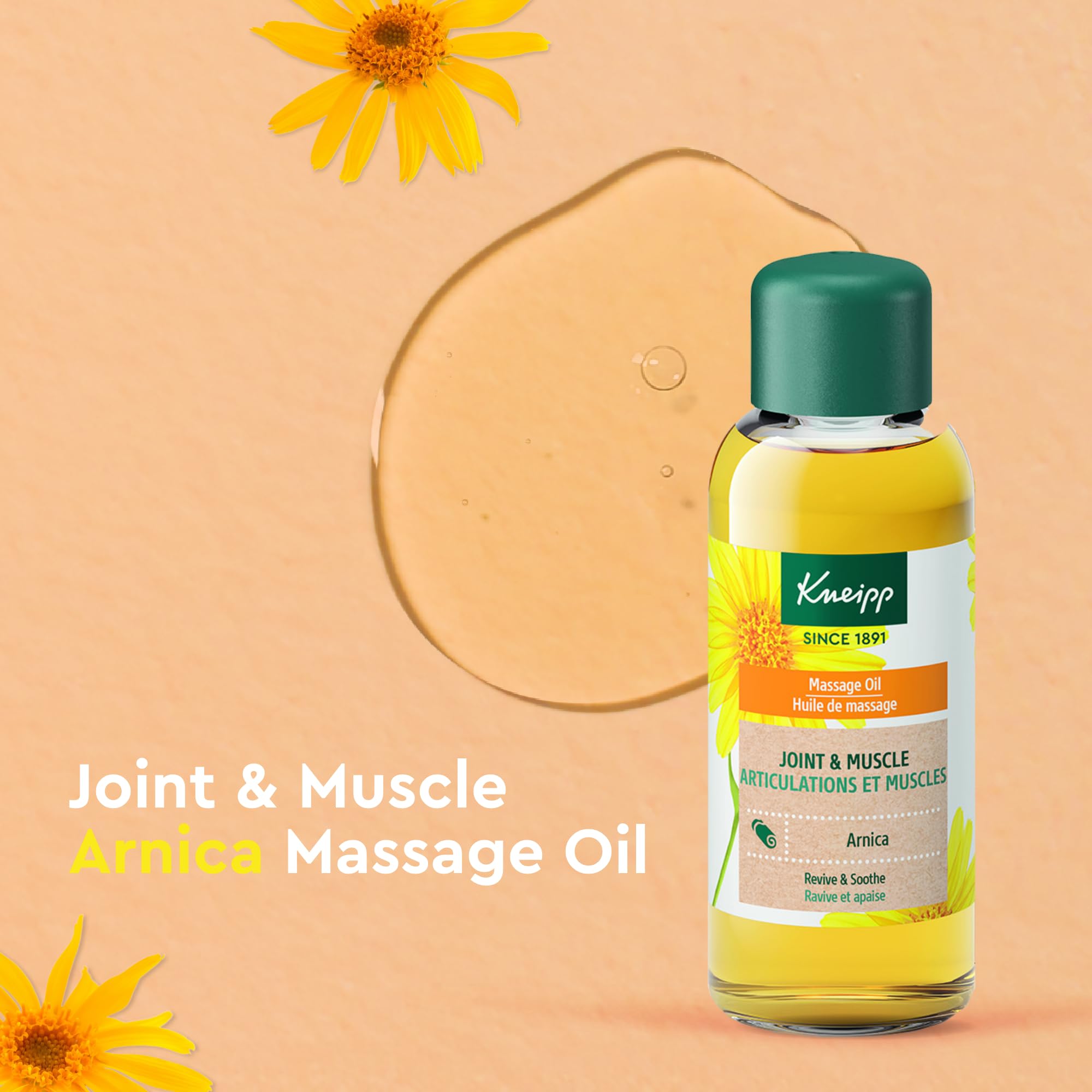 Kneipp Arnica massage oil being poured for targeted muscle relief