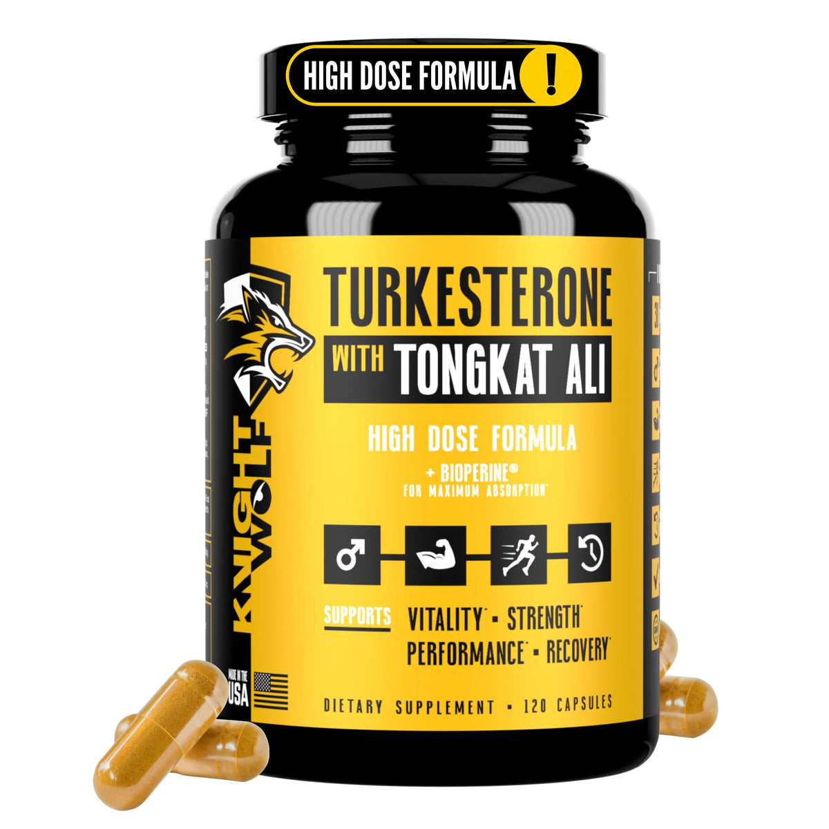 KNIGHT WOLF SUPPS Turkesterone bottle close-up highlighting potency for lean gains.