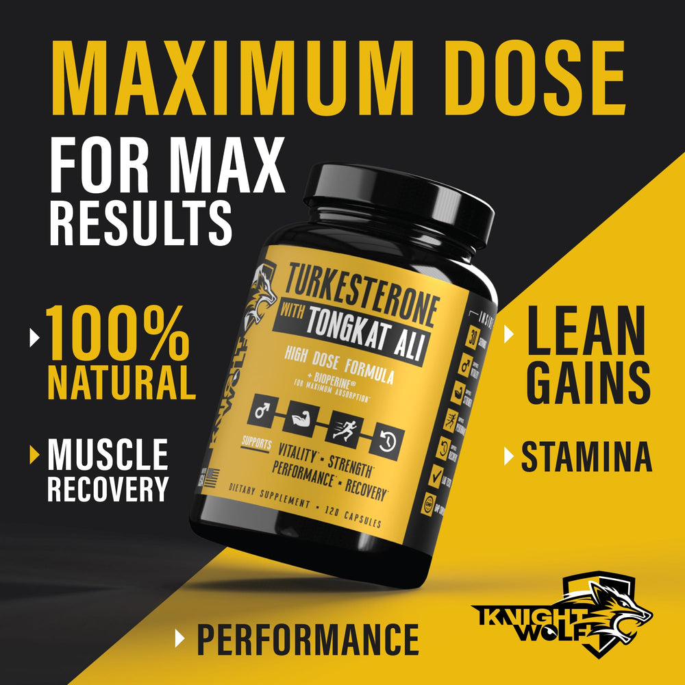 KNIGHT WOLF SUPPS Turkesterone capsules close-up emphasizing high-potency serving.
