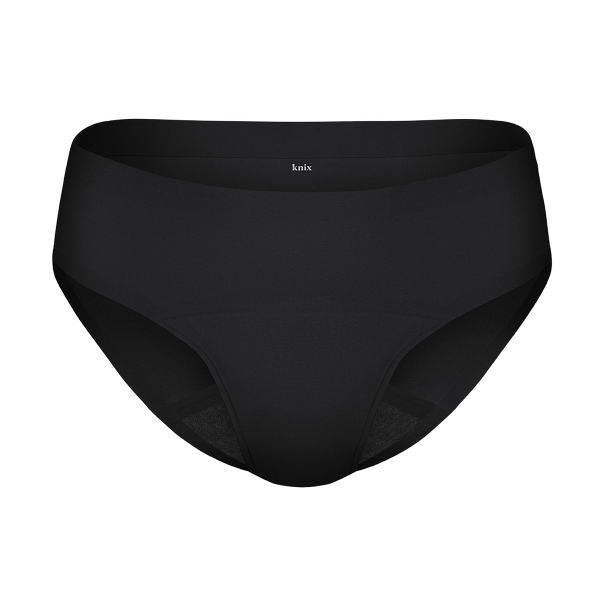 KNIX Super Leakproof Bikini in black close-up highlighting secure fit for heavy flow days