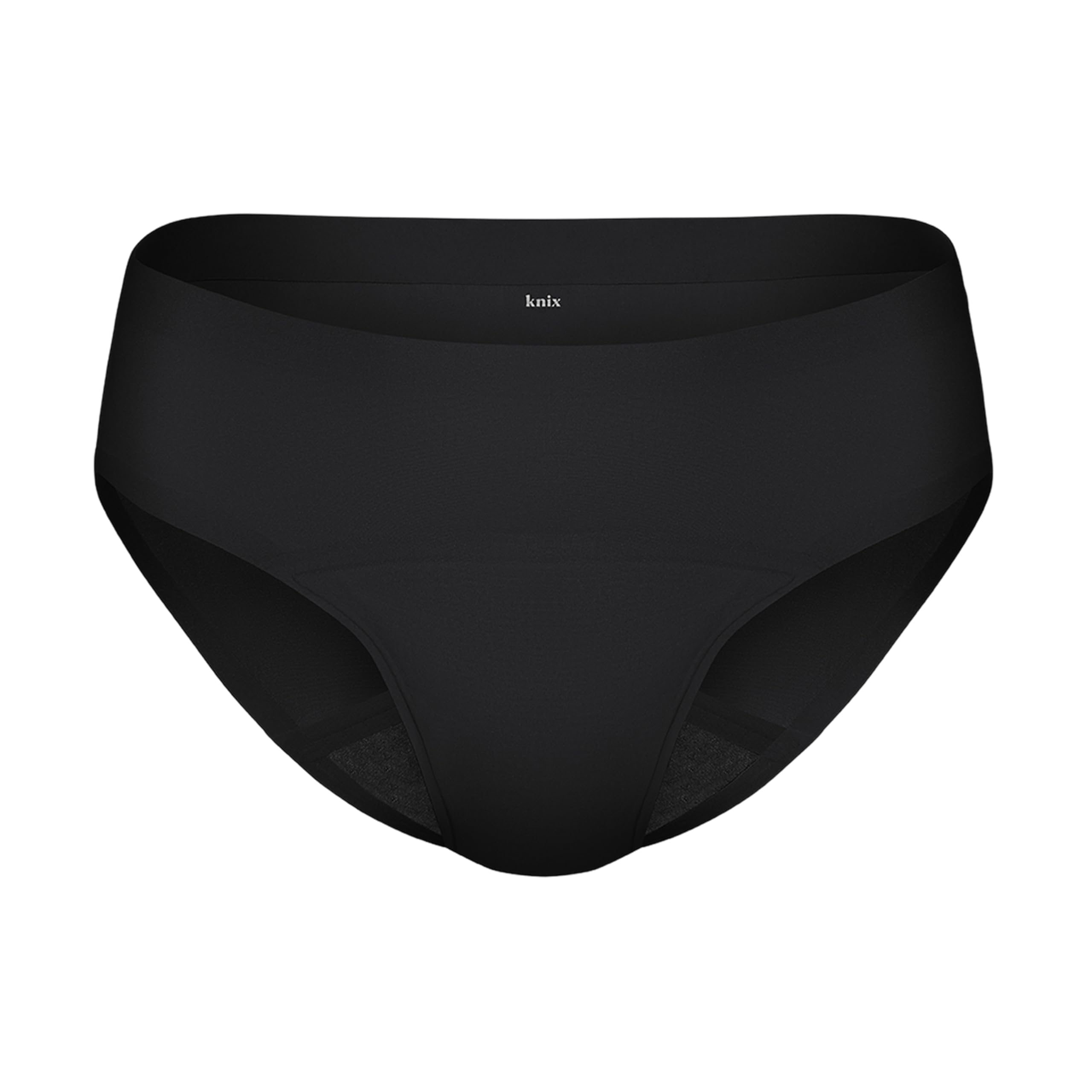 KNIX Super Leakproof Bikini front view with secure fit in black, for heavy flow protection.