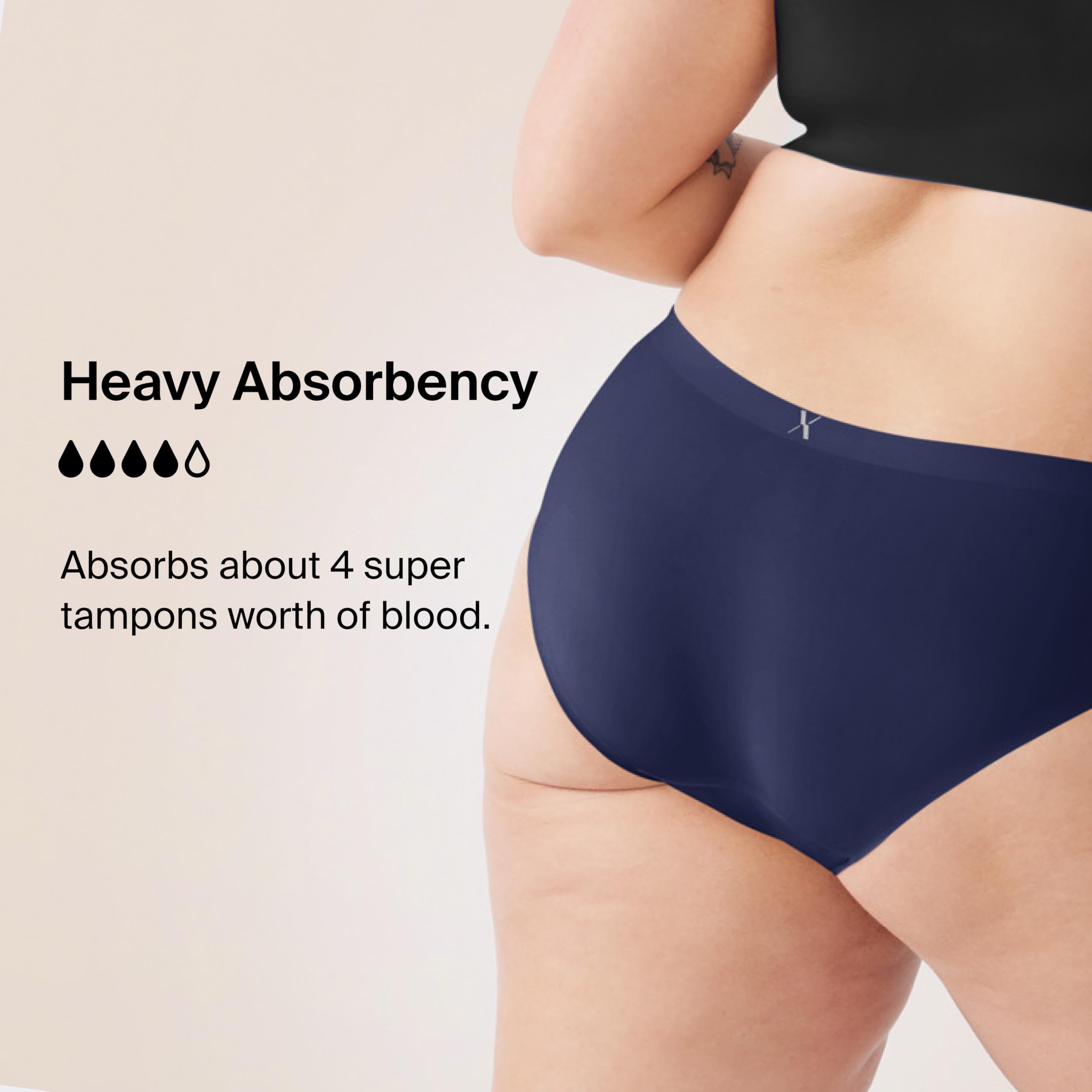 Absorbent core suitable for heavy flow and light bladder leaks in daily use.