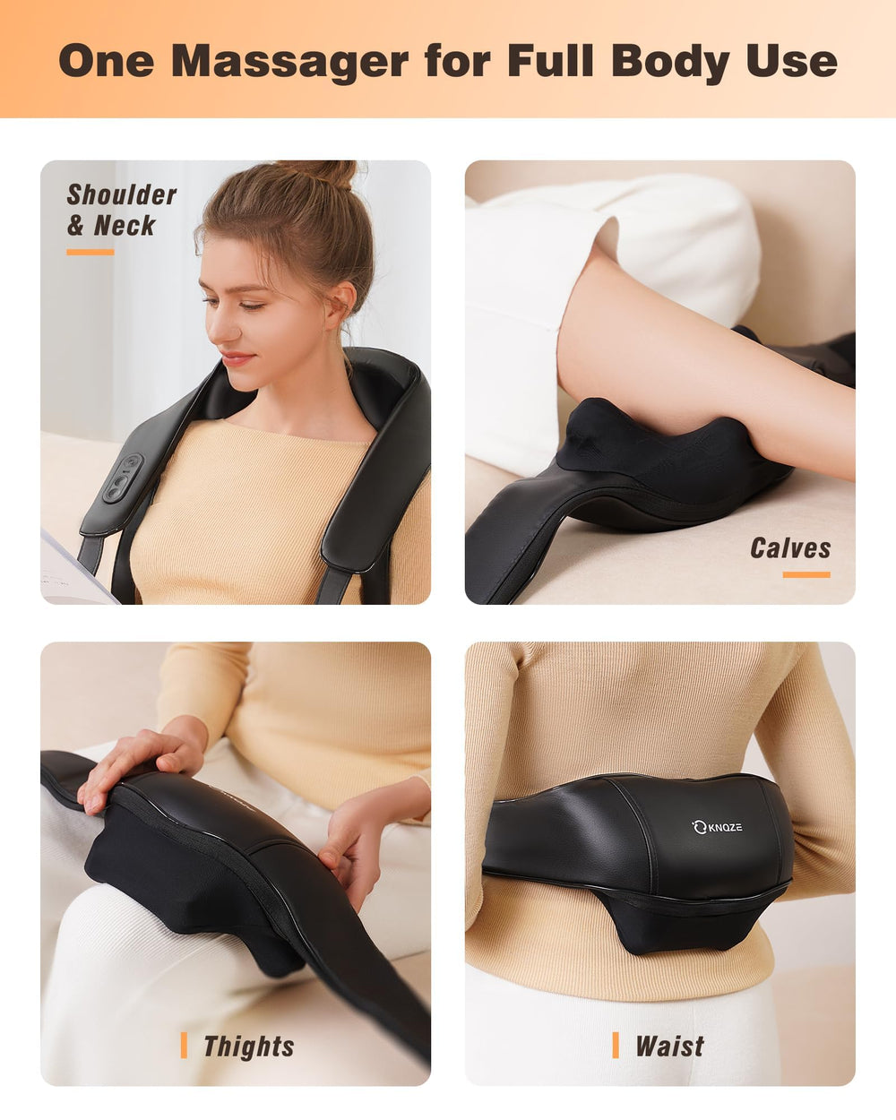 KNQZE cordless massager shown usable at a desk for quick relaxation.