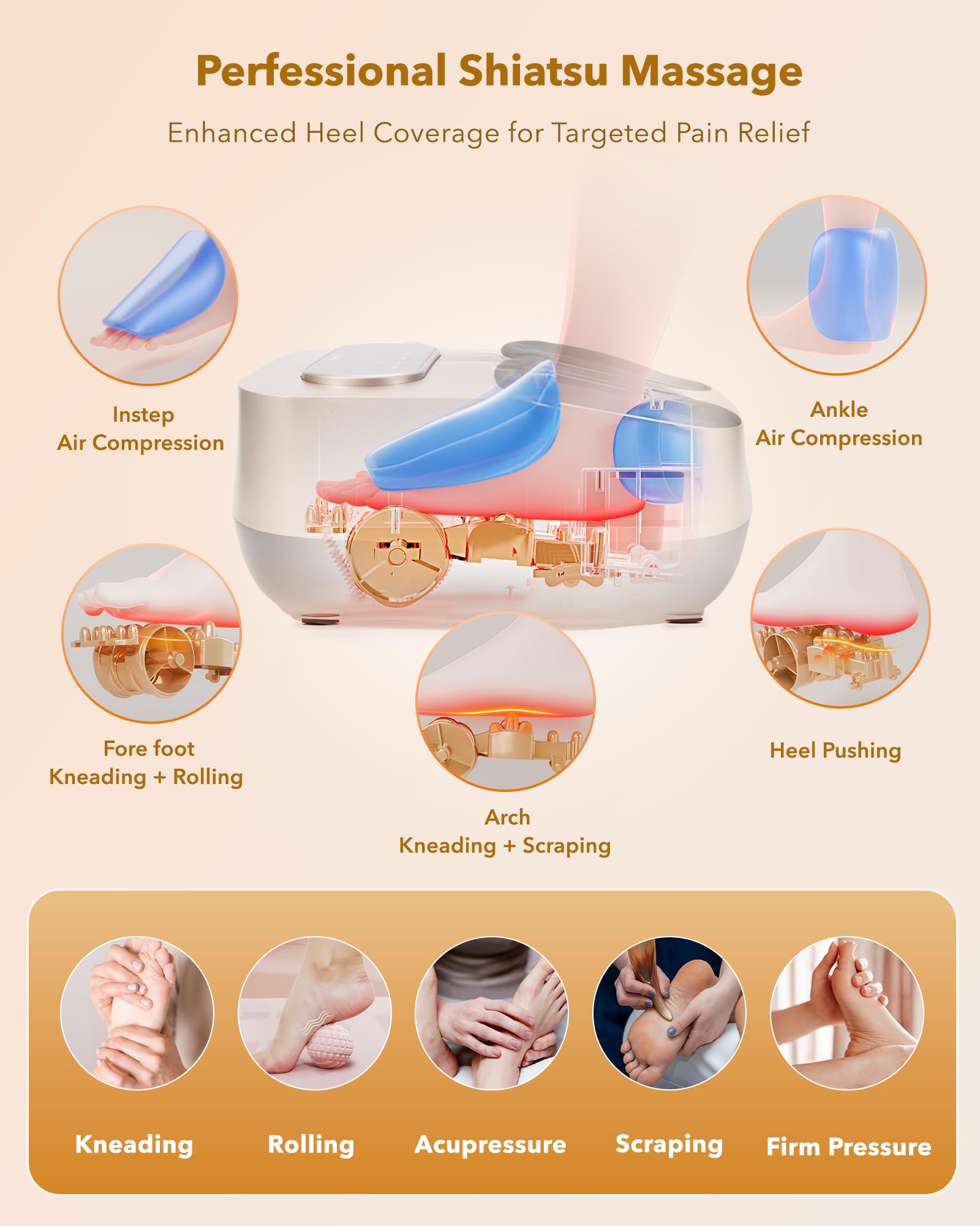 KNQZE foot massager showing 3D kneading and shiatsu action on the sole